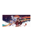 28x12 inches anime girl mouse pad with fox-spirit beauty, silver-haired guardian, fireworks, koi, waves.