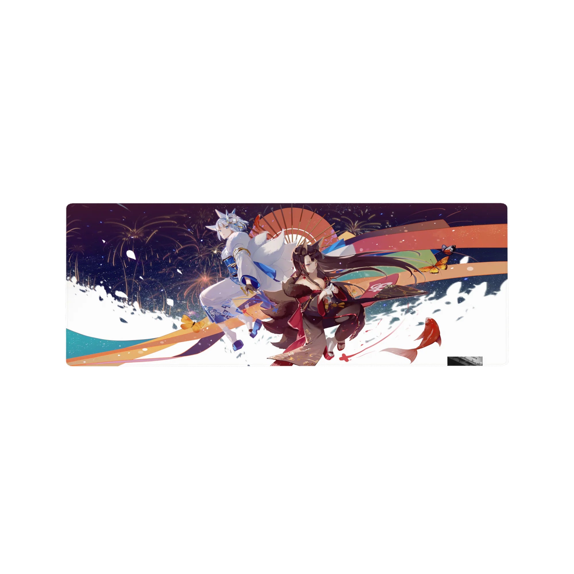 32x12 inches anime girl mouse pad with fox-spirit beauty, silver-haired guardian, fireworks, koi and waves.