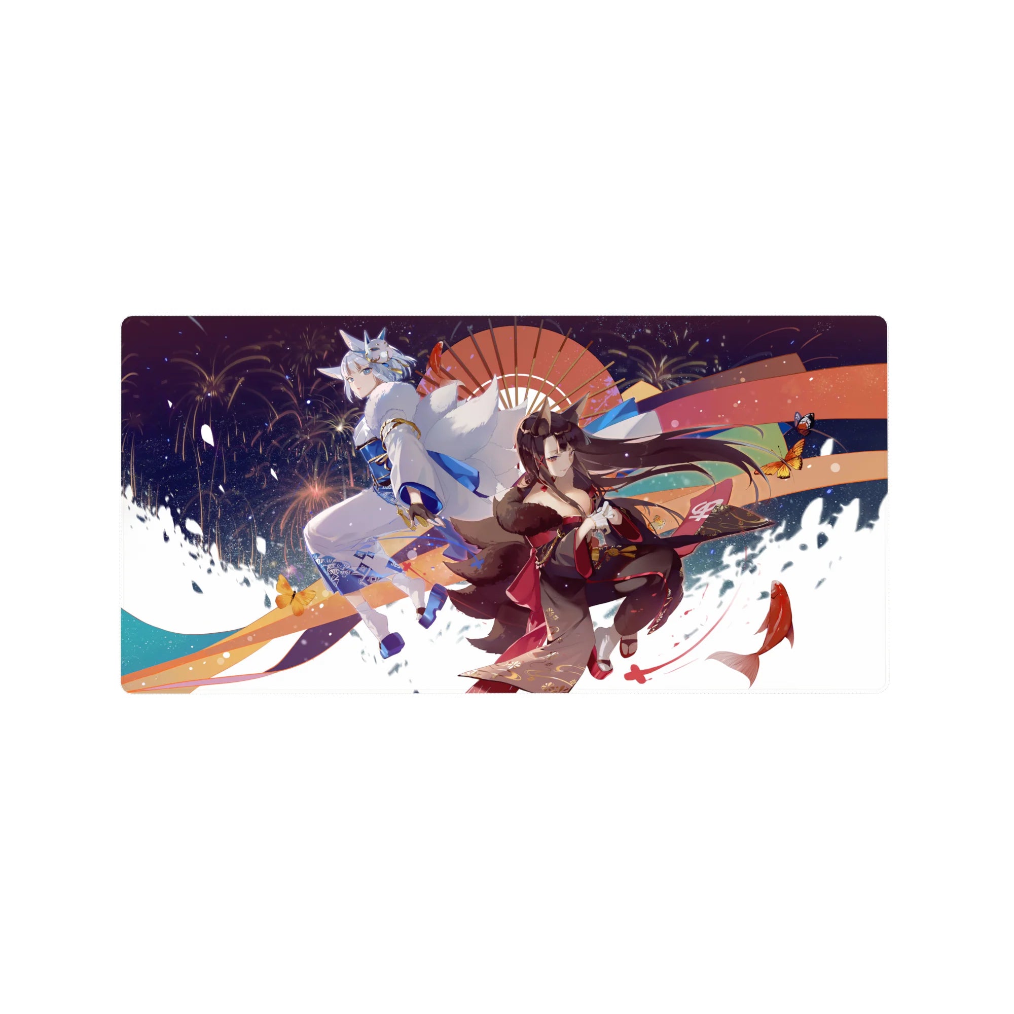 Anime girl mouse pad 32x16 inches with fox-spirit kimono, silver-haired guardian, fireworks, koi, waves.