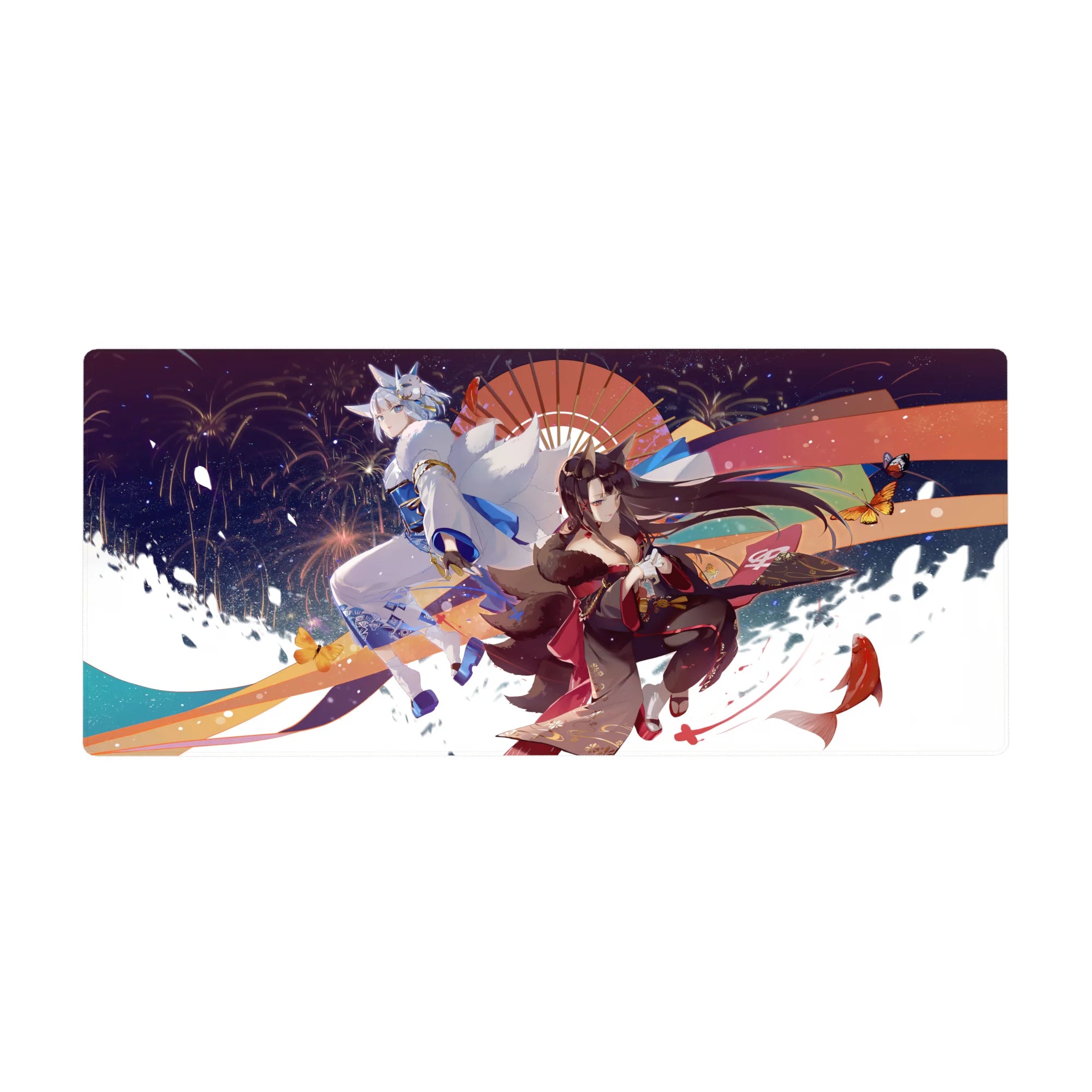 36x16 inches anime girl desk pad with fox-spirit in red kimono, guardian, fireworks, koi and waves.