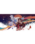 36x16 inches anime girl desk pad with fox-spirit in red kimono, guardian, fireworks, koi and waves.