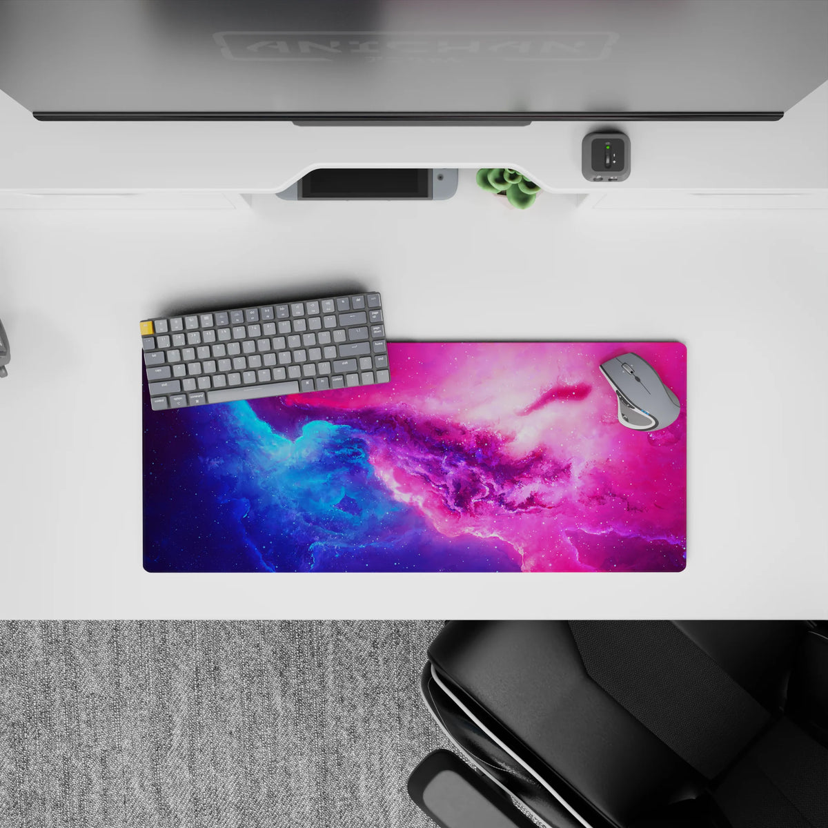 Dreamy electric blue to candy pink gradient mouse pad 28x12 inches, bright space mood.