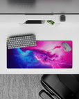 Dreamy electric blue to candy pink gradient mouse pad 28x12 inches, bright space mood.