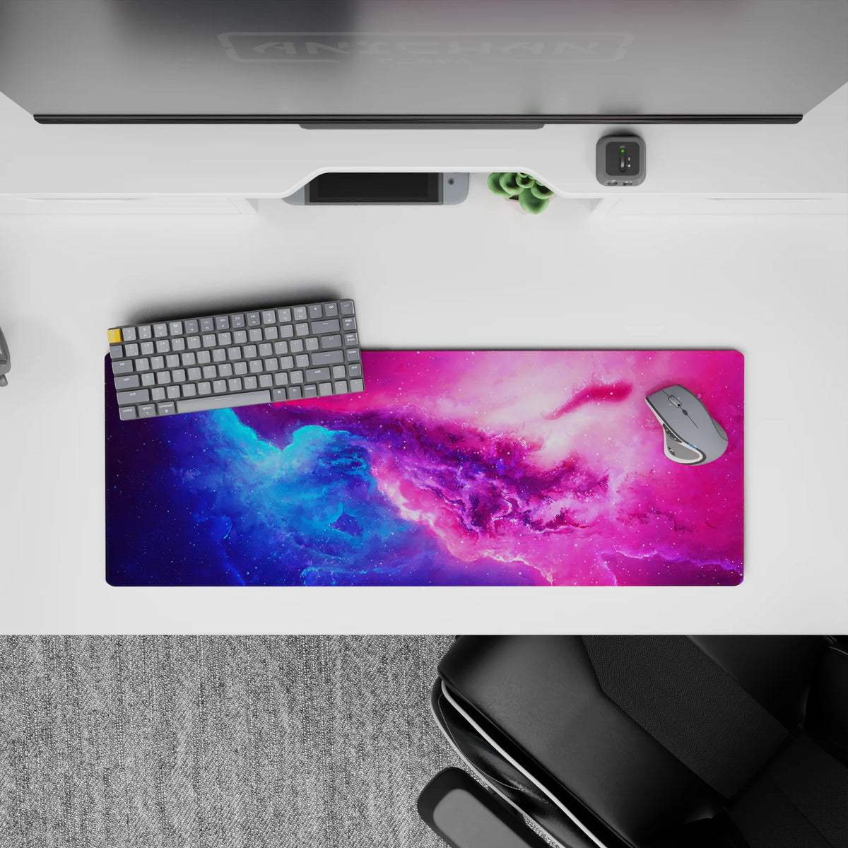 Dreamy electric blue to candy pink gradient mouse pad 32x12 inches with soft cosmic mood.