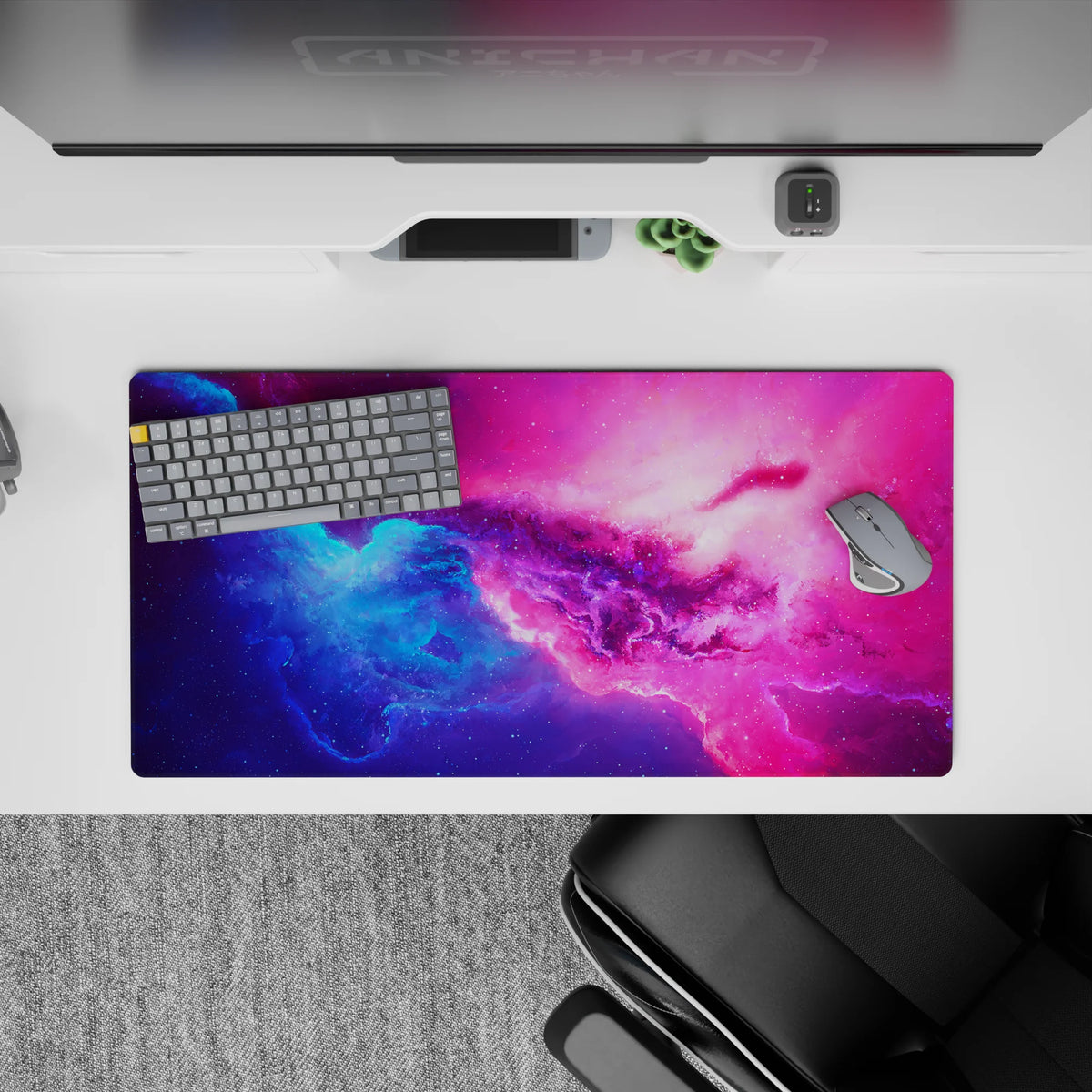 Electric blue to candy pink gradient mouse pad 32x16 inches, dreamy bright mood with soft sparkle.