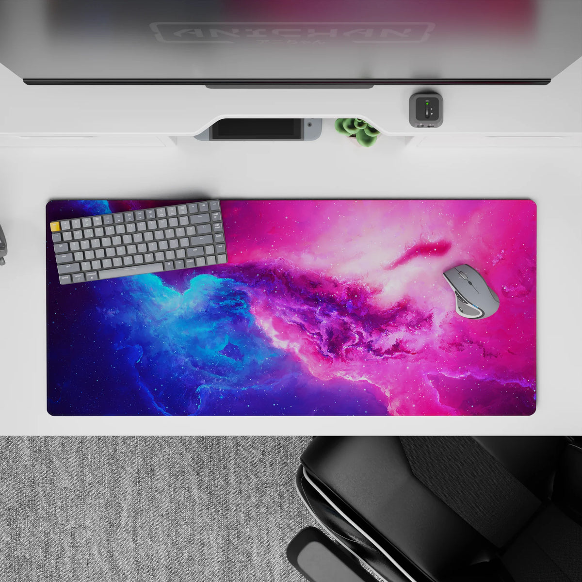 Electric blue to candy pink desk pad 36x16 inches, dreamy bright gradient with soft sparkle mood.