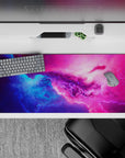 Electric blue to candy pink desk pad 36x16 inches, dreamy bright gradient with soft sparkle mood.