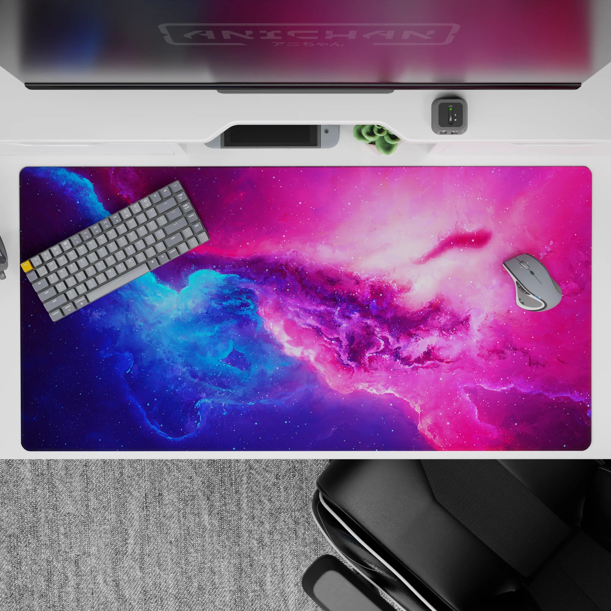 Electric blue to candy pink desk pad 40x20 inches with dreamy space vibe and subtle sparkle.