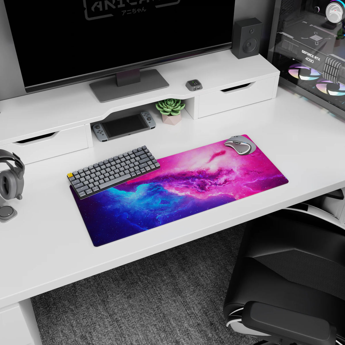 Starry nebula scene mouse pad 28x12 inches with swirling color waves and subtle sparkle.