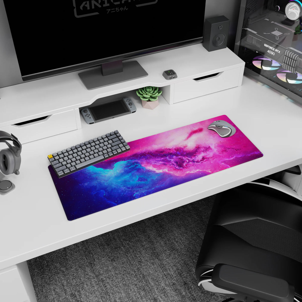Space nebula scene mouse pad 32x12 inches featuring cloudy color waves and scattered stars.