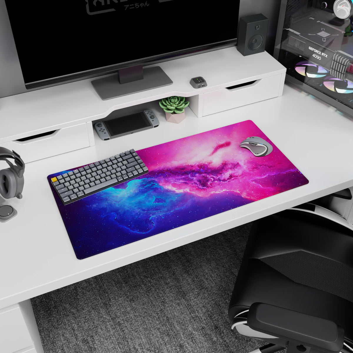 Starry nebula swirl scene mouse pad 32x16 inches, cloudy space clouds with scattered stardust.