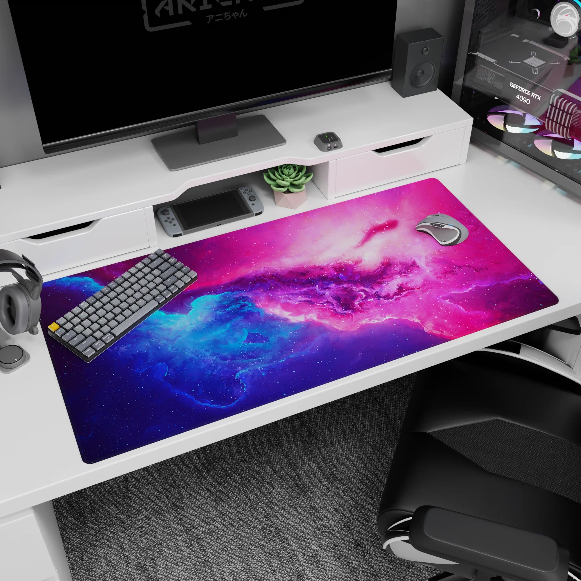 Nebula sky scene desk pad 40x20 inches featuring tiny star specks over blue-pink color waves.