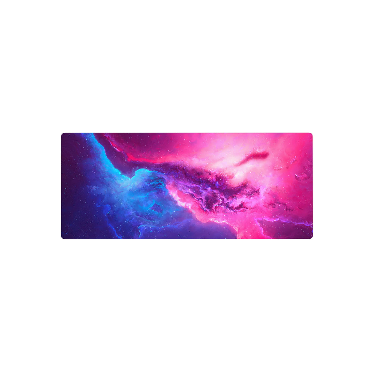Cosmic galaxy desk mouse pad 28x12 inches with nebula texture and tiny star specks.