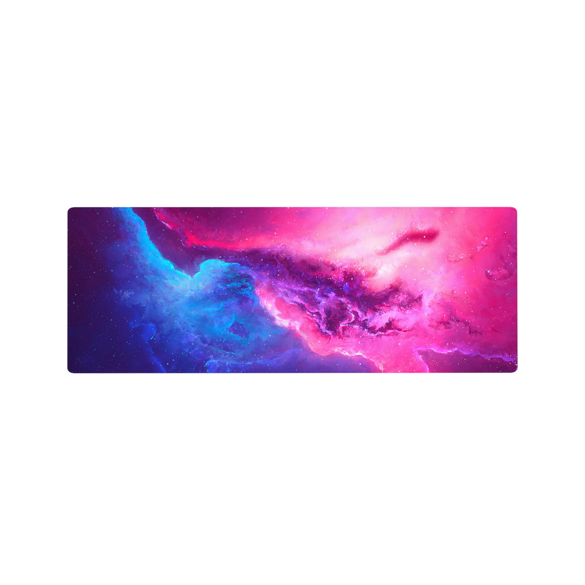 Galaxy swirl desk mouse pad 32x12 inches with nebula texture and tiny star specks.