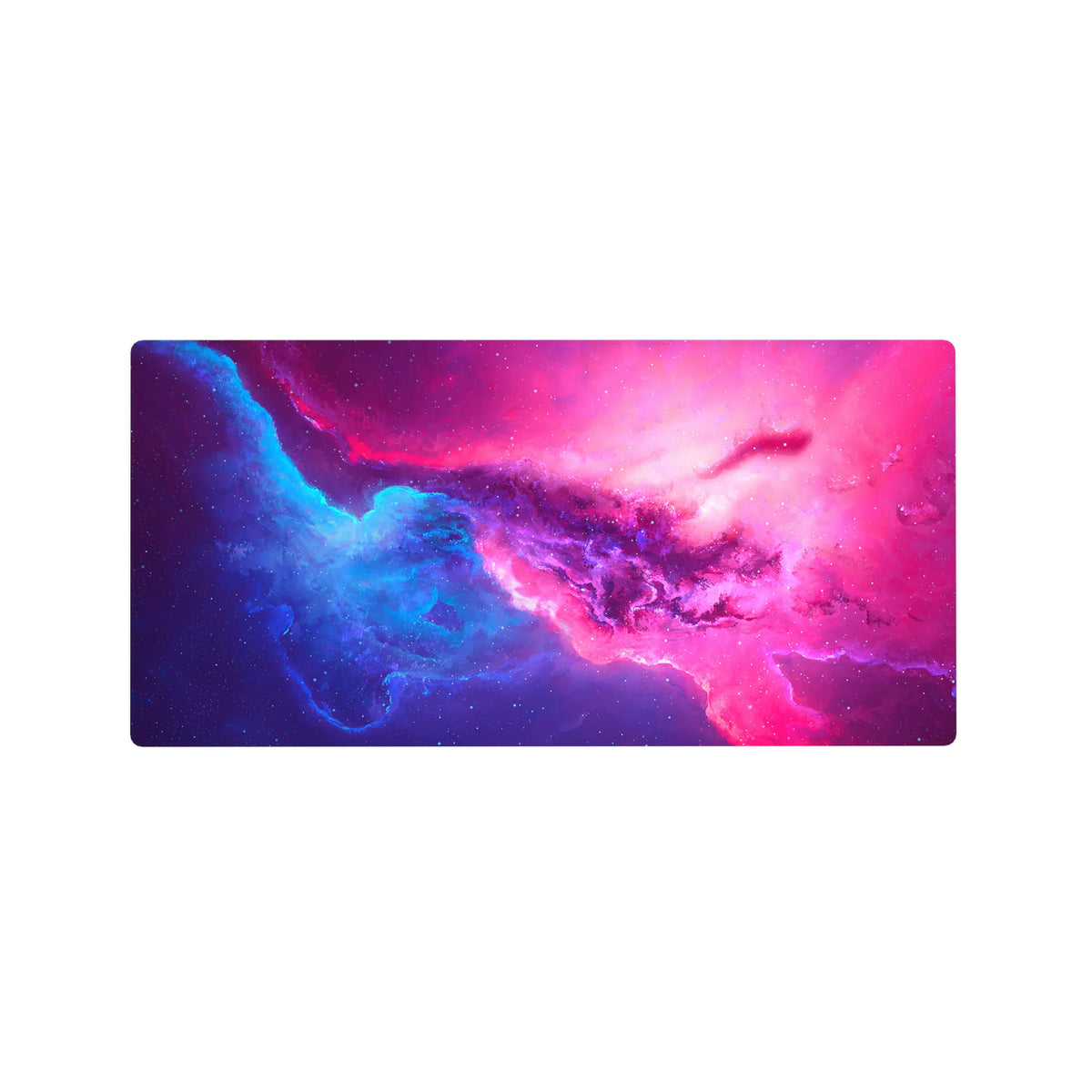 Cosmic galaxy desk mouse pad 32x16 inches with nebula texture and tiny star specks.