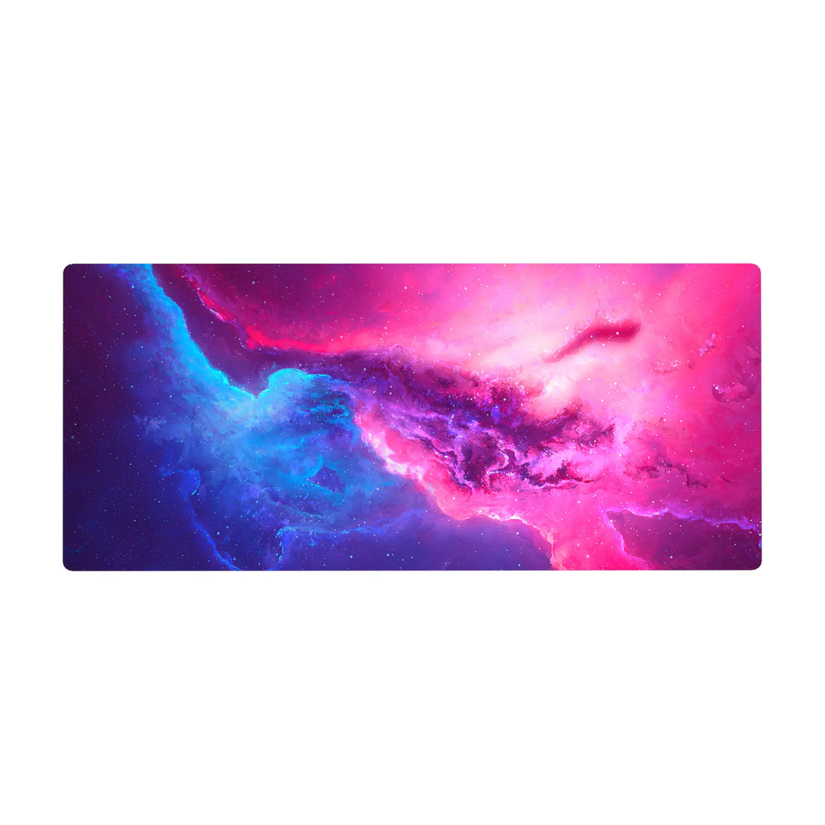 Cosmic galaxy desk pad 36x16 inches with nebula texture and tiny star specks on a smooth gradient.