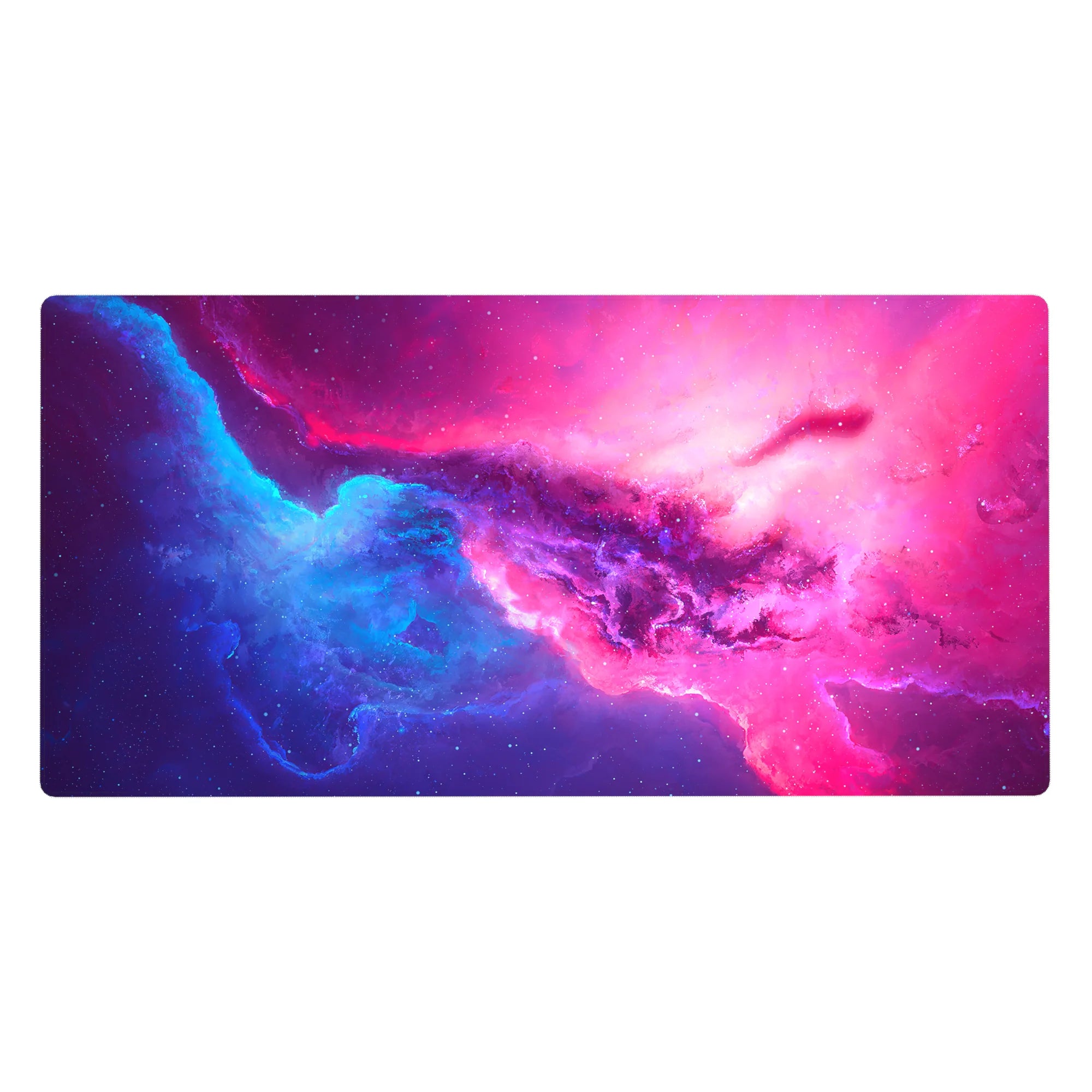 Cosmic galaxy desk pad 40x20 inches with nebula clouds, star specks, and swirling gradient design.