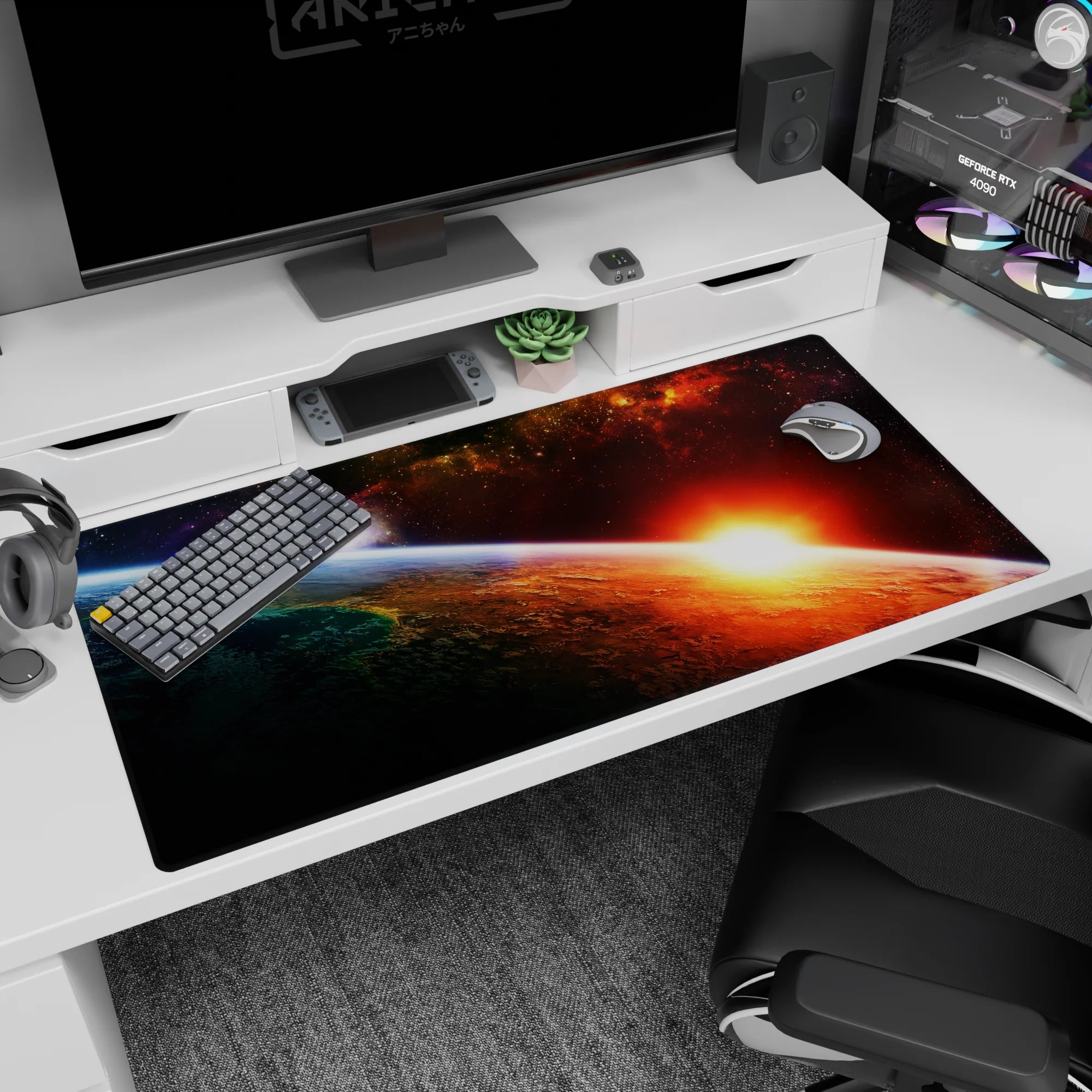 Planet horizon sunrise scene desk pad 40x20 inches, starry space backdrop with textured nebula clouds.