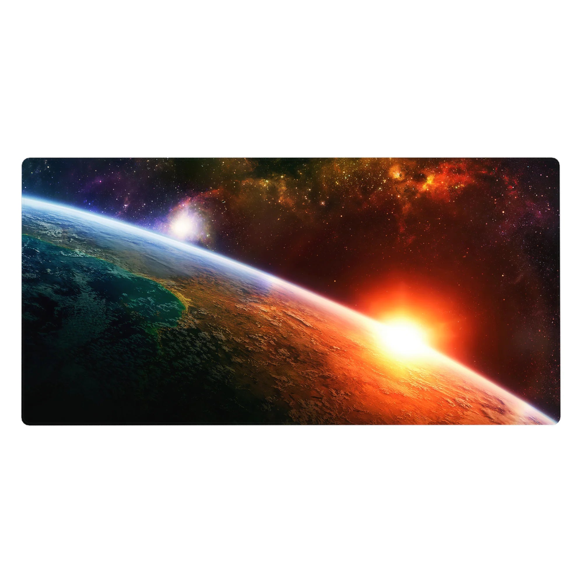 Cosmic sunrise curved planet desk pad 40x20 inches with stars and nebula clouds across deep space.