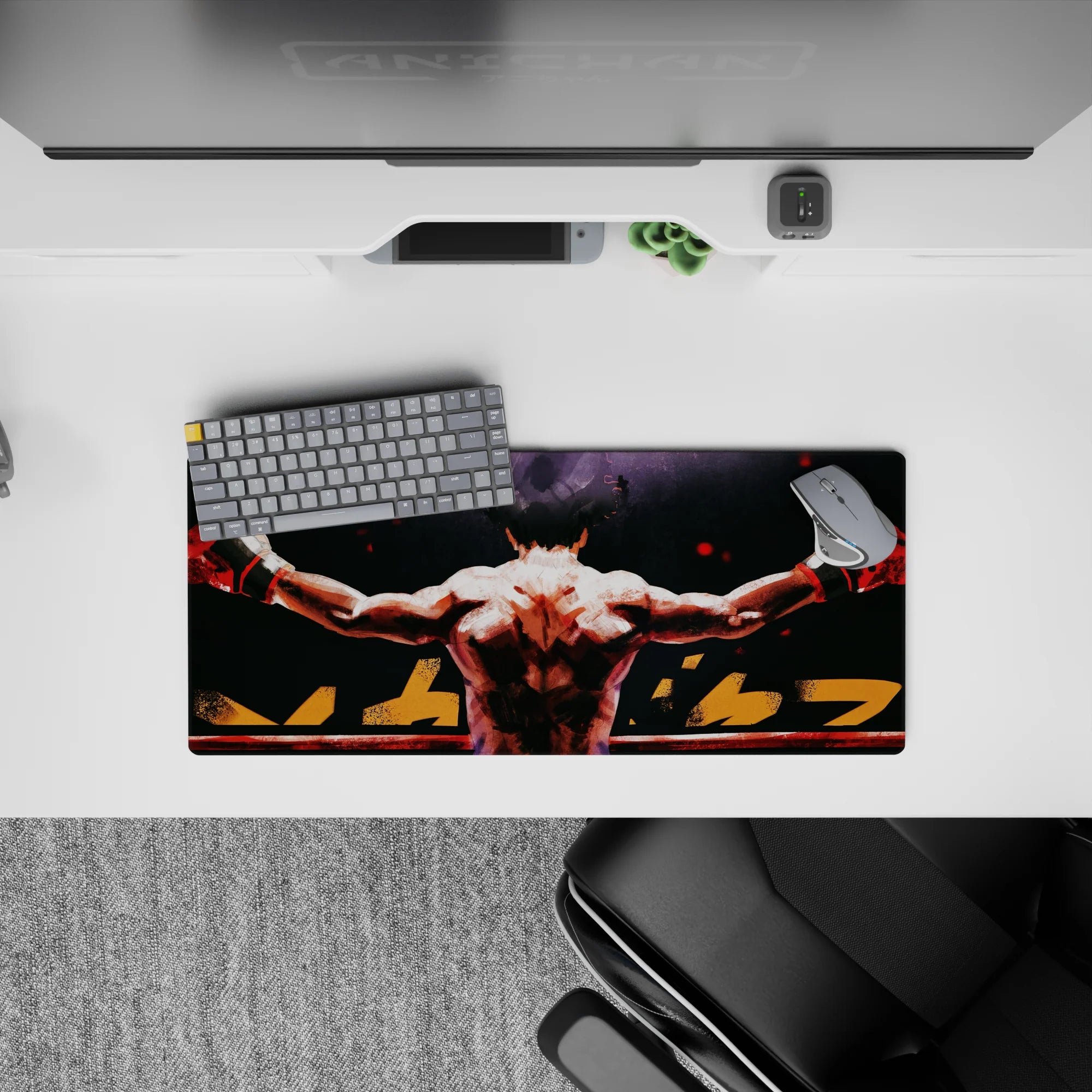 28x12 inches anime mouse pad in deep blacks and smoky grays with hot red sparks, gritty comeback mood.