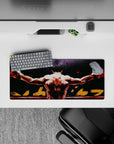28x12 inches anime mouse pad in deep blacks and smoky grays with hot red sparks, gritty comeback mood.