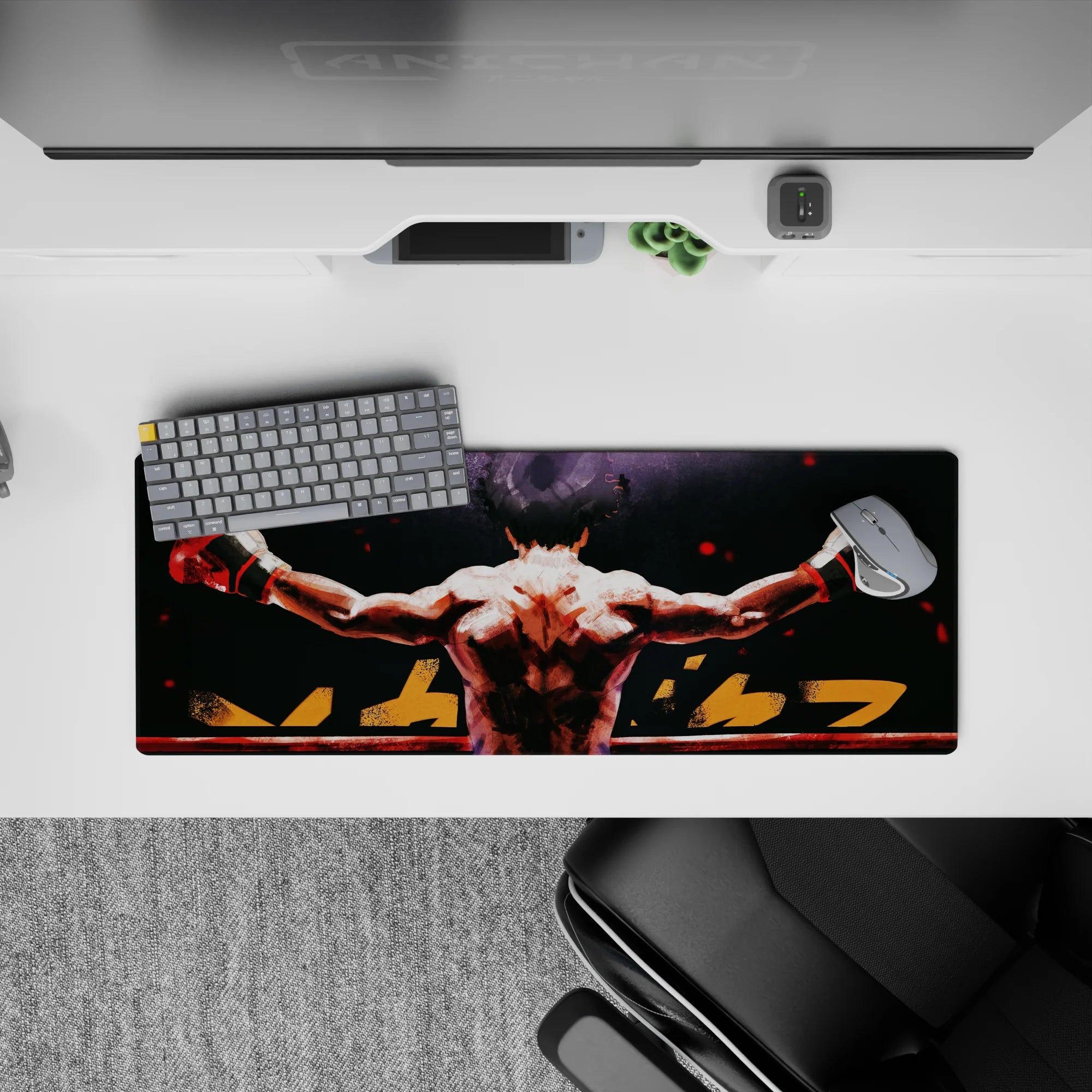 32x12 inches anime mouse pad in deep blacks and smoky grays with hot red sparks, gritty comeback vibe.