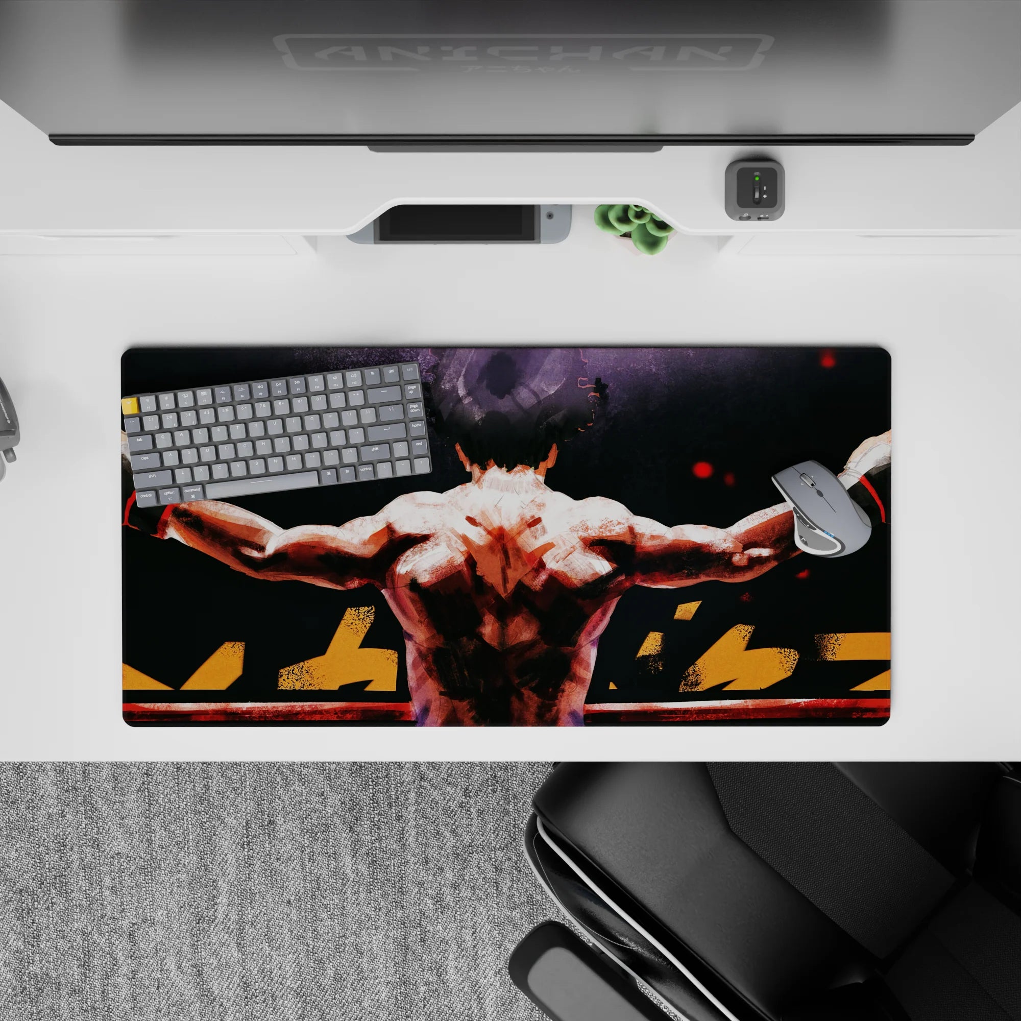 32x16 inches anime mouse pad in deep blacks and smoky grays with hot red sparks for gritty comeback mood.