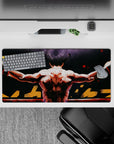 32x16 inches anime mouse pad in deep blacks and smoky grays with hot red sparks for gritty comeback mood.