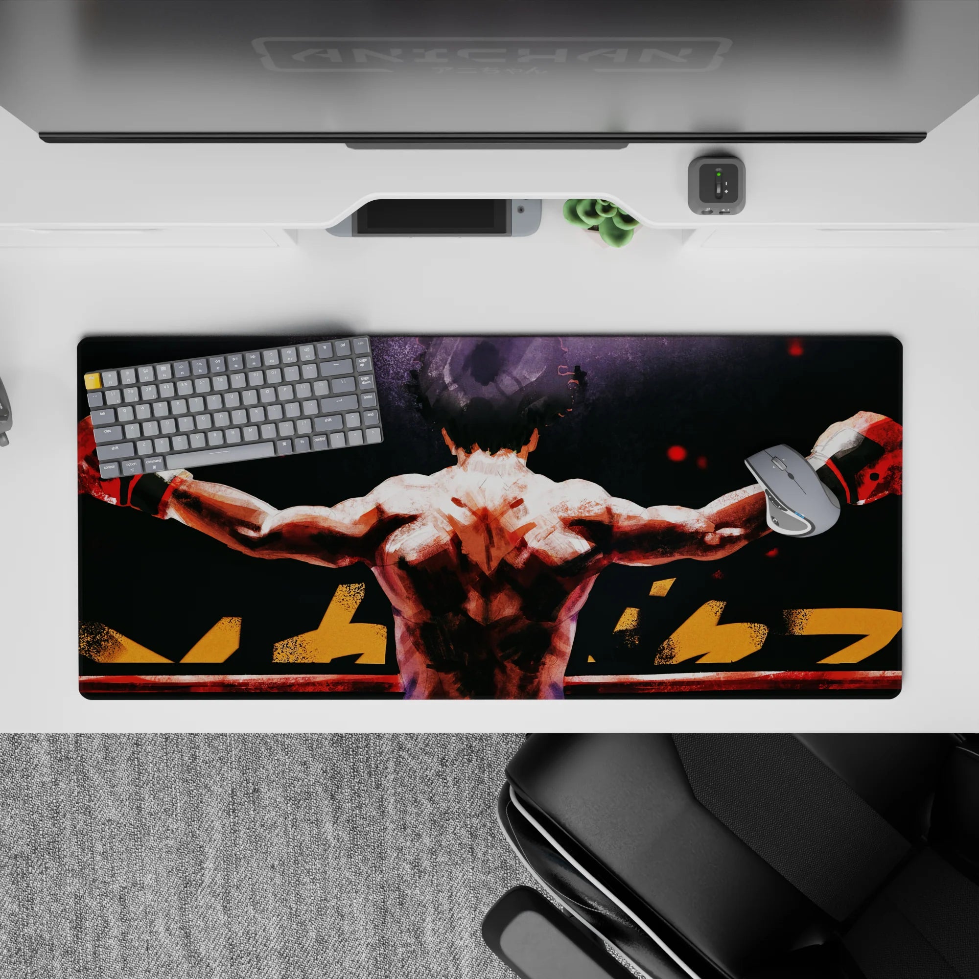 36x16 inches anime desk pad in deep blacks and smoky grays with hot red sparks for gritty comeback energy.