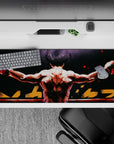 36x16 inches anime desk pad in deep blacks and smoky grays with hot red sparks for gritty comeback energy.