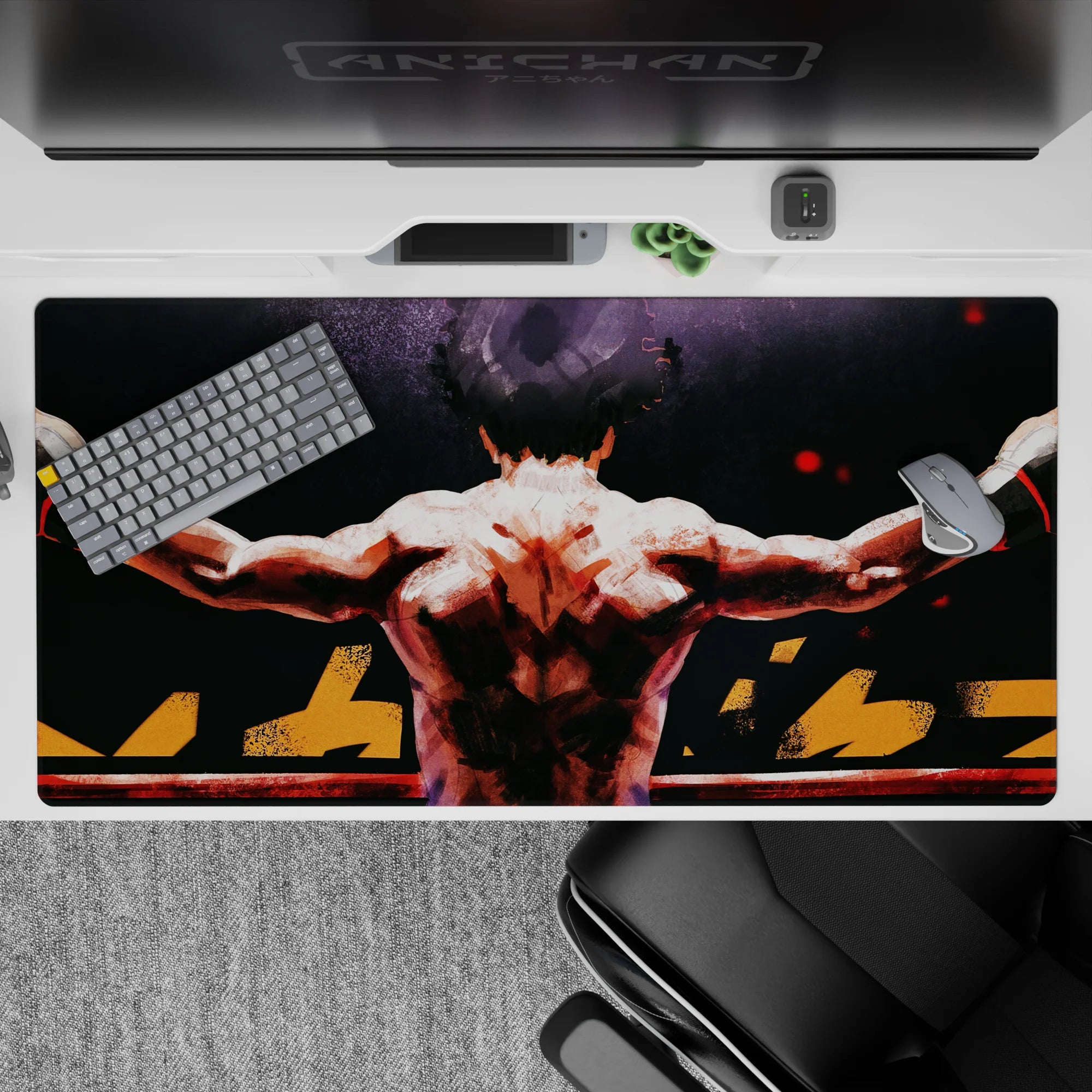 Dark smoky gray and black anime desk pad 40x20 inches with hot red sparks and gritty fight-night mood.