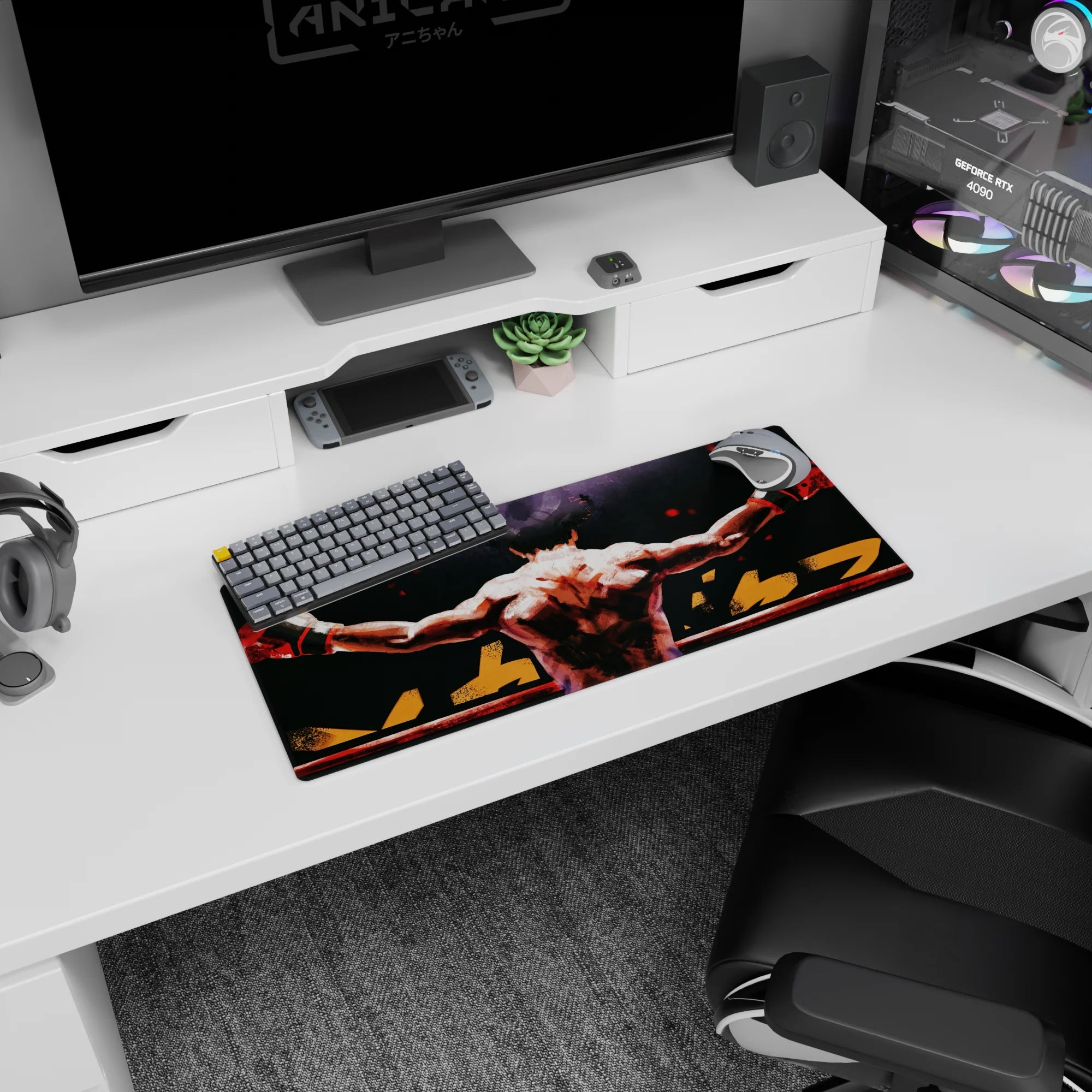 28x12 inches anime mouse pad showing a lone wrestler from behind, arms wide on ropes, wraps and ring shine.