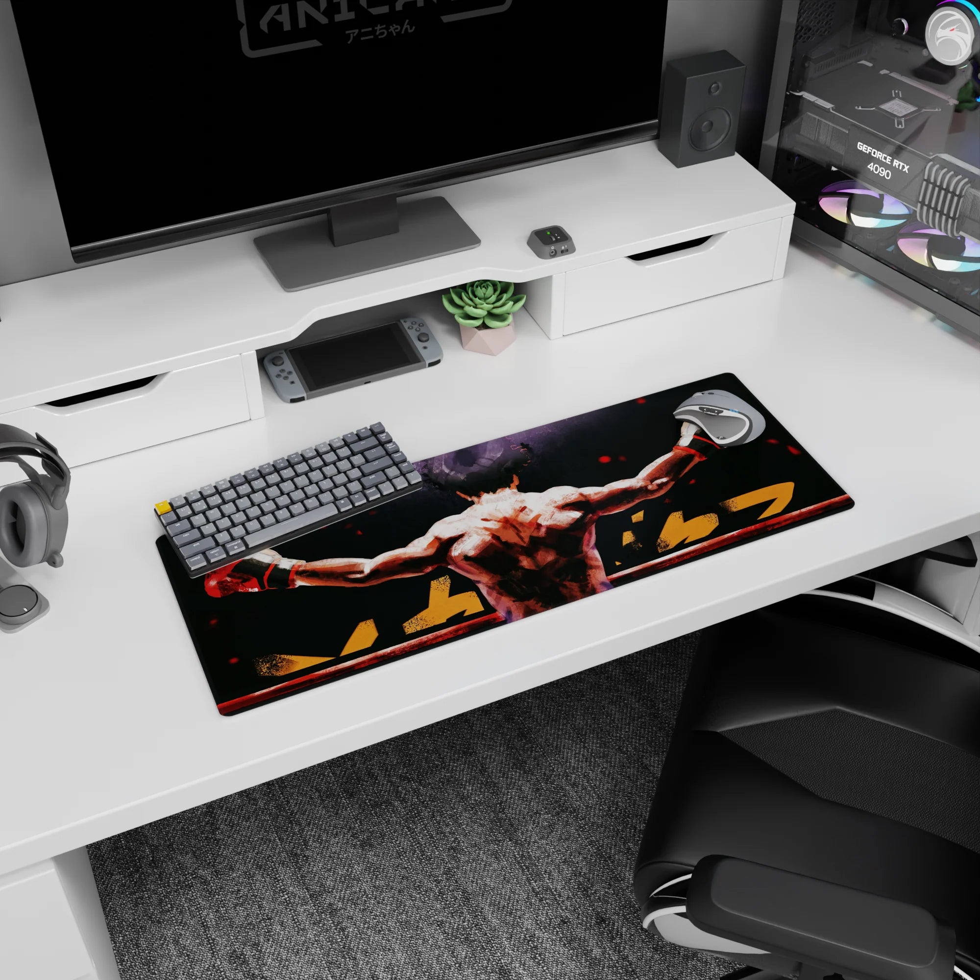 32x12 inches anime mouse pad showing lone fighter with wrist wraps, ring shine, muscles in bold brush strokes.