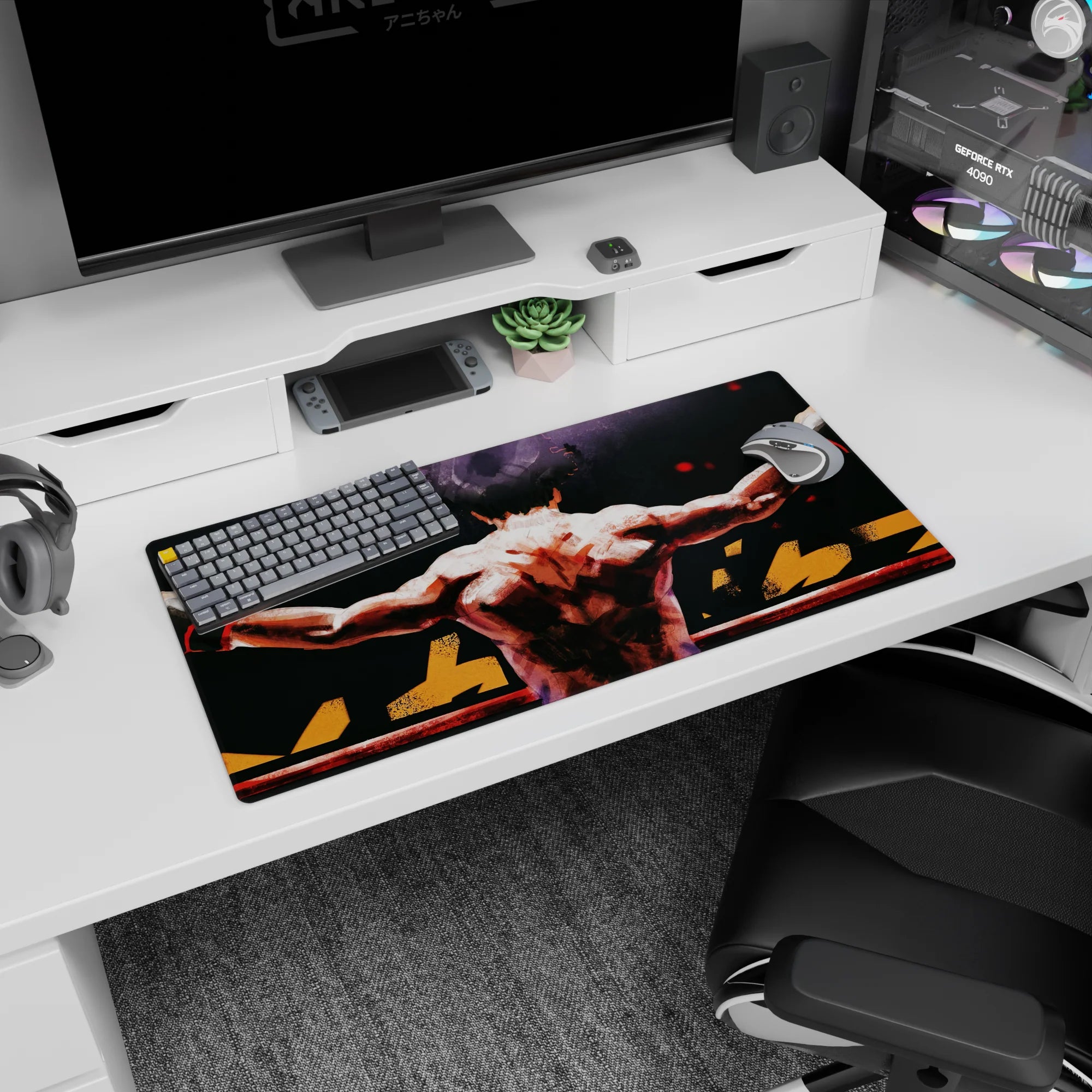 32x16 inches anime mouse pad showing lone ring fighter from behind, arms spread on ropes, wrapped wrists.