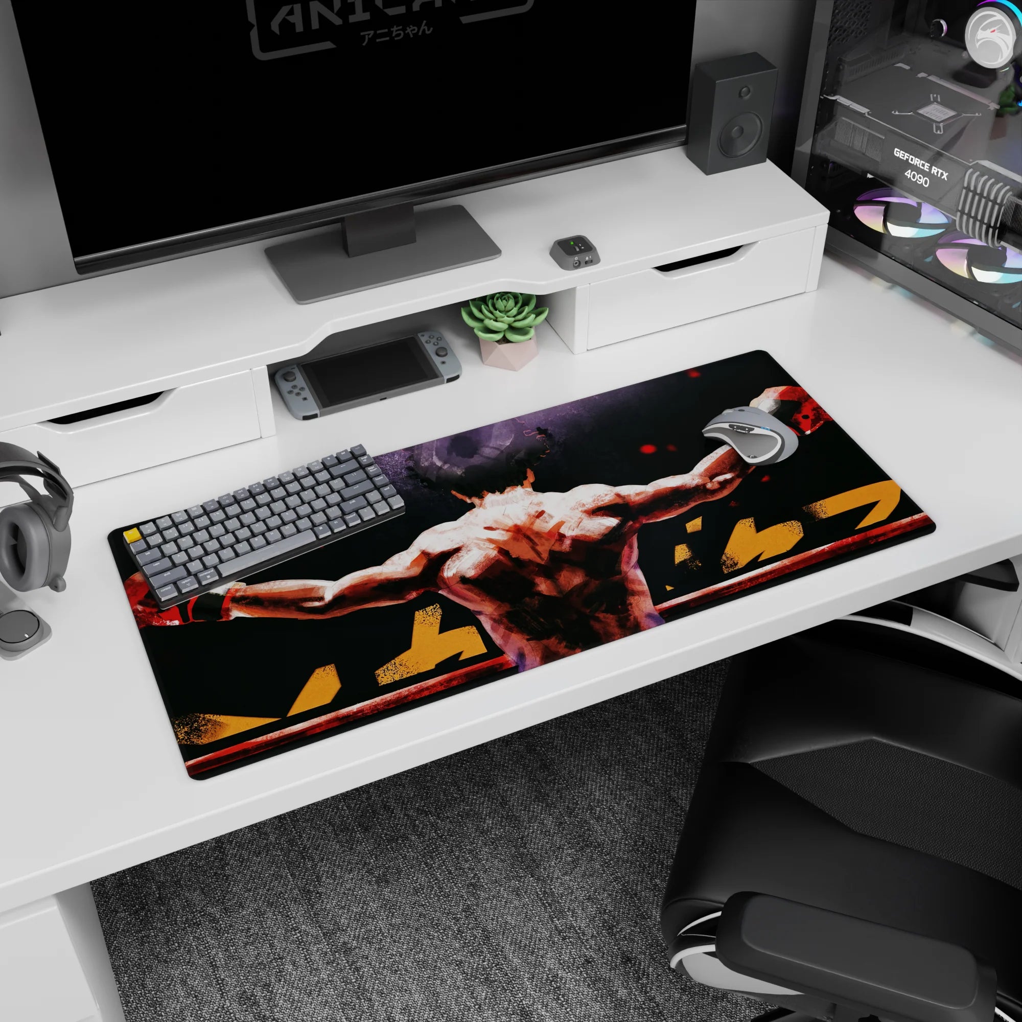 36x16 inches anime desk pad showing a wrestler from behind, arms wide on ring ropes, wraps and shine.