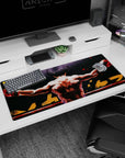 36x16 inches anime desk pad showing a wrestler from behind, arms wide on ring ropes, wraps and shine.