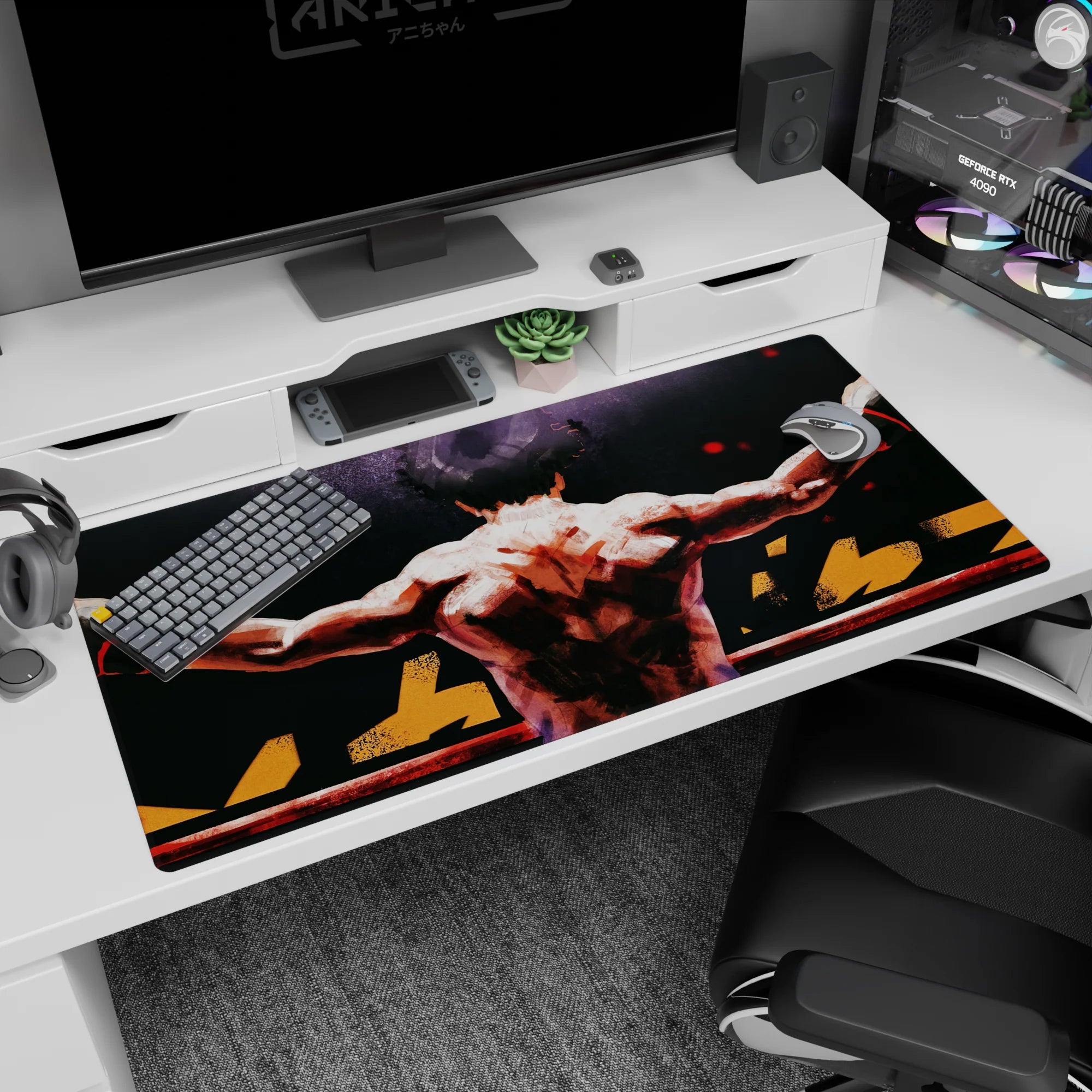 Back view anime boxer on ring ropes desk pad 40x20 inches, arms wide, wrapped wrists, shining ring lights.