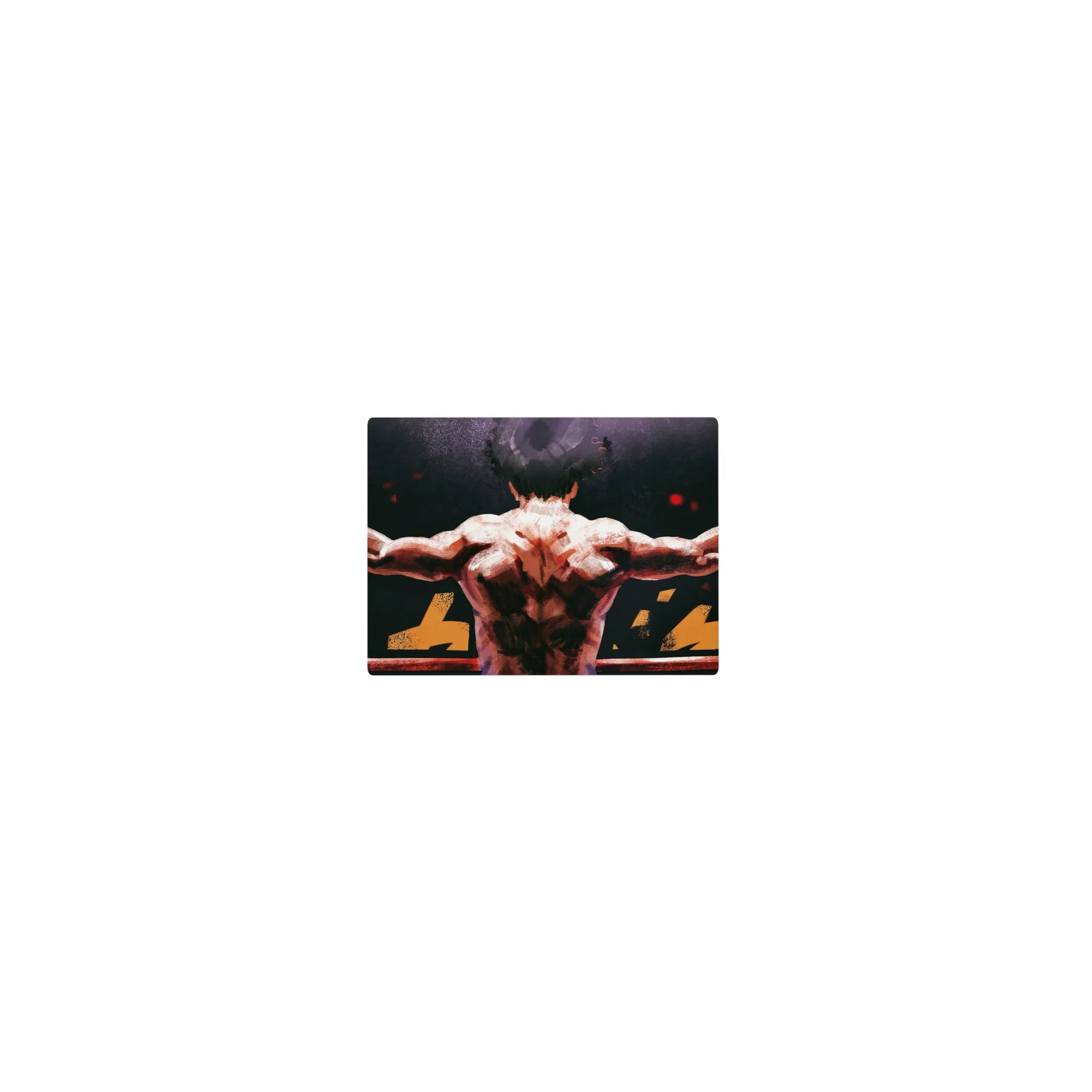 Classic anime mouse pad 14x10 inches with fighter back pose, arms wide on ring ropes, bold brush art.