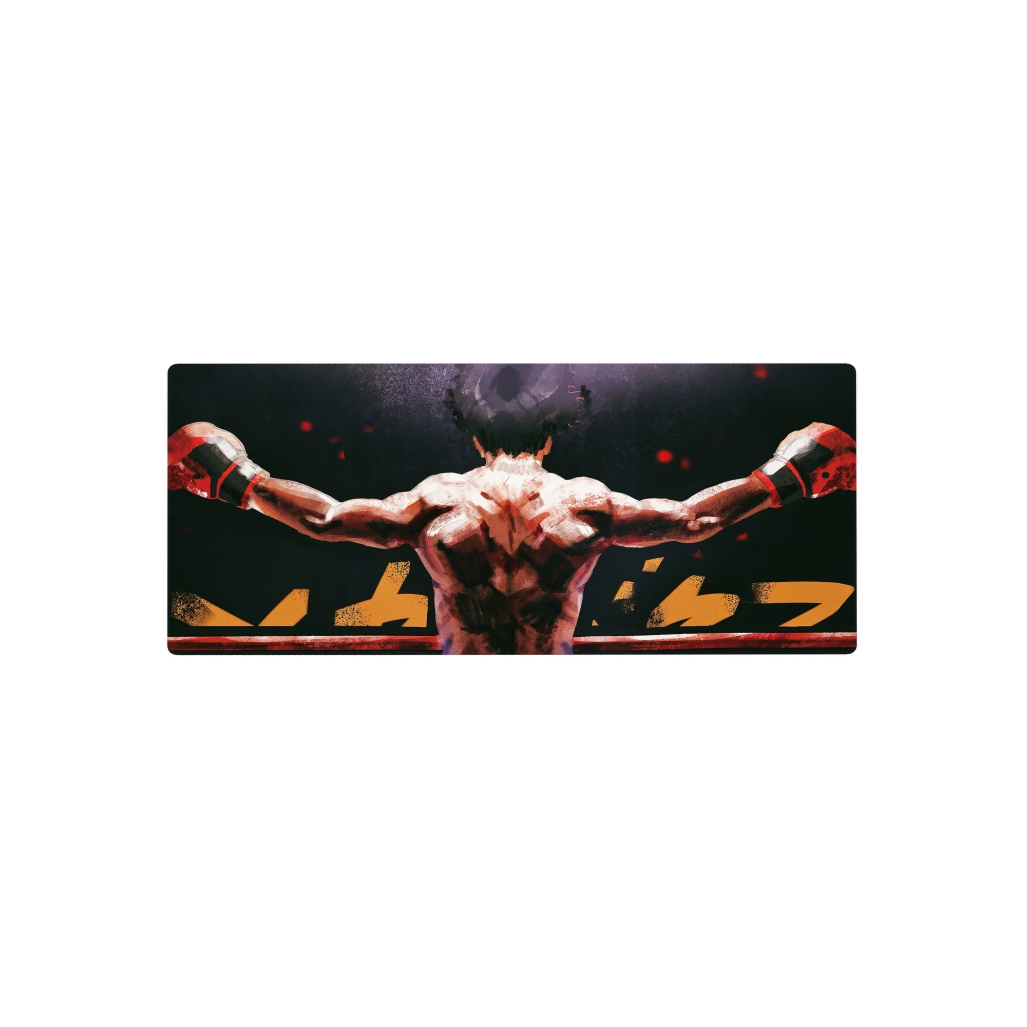 28x12 inches anime mouse pad with a fighter on ring ropes, bold brushstroke back and jagged gold lettering.