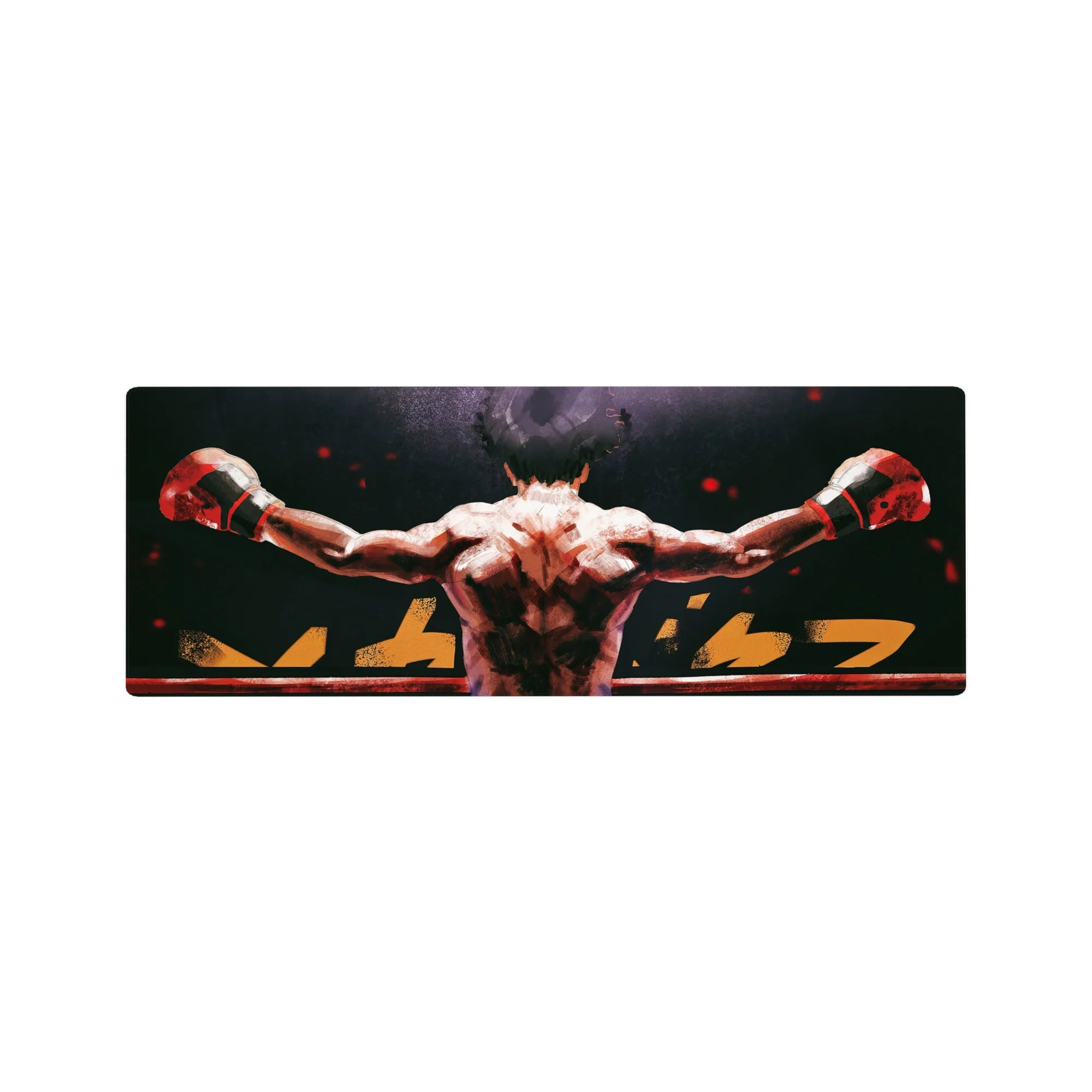 32x12 inches anime mouse pad with boxer back view, arms over ring ropes, jagged gold lettering.