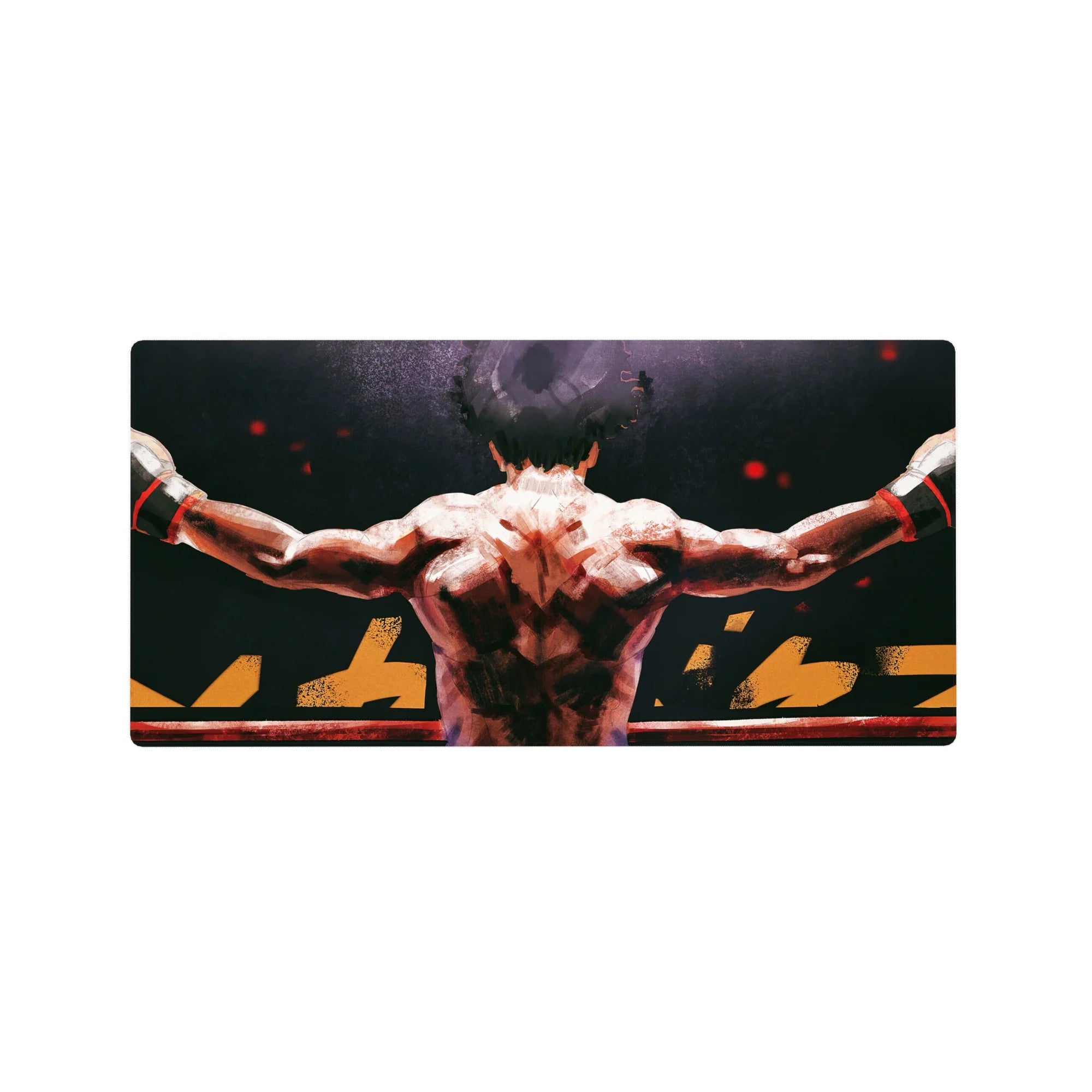 32x16 inches anime mouse pad with fighter back view, arms on ropes, jagged gold lettering, ring shine.