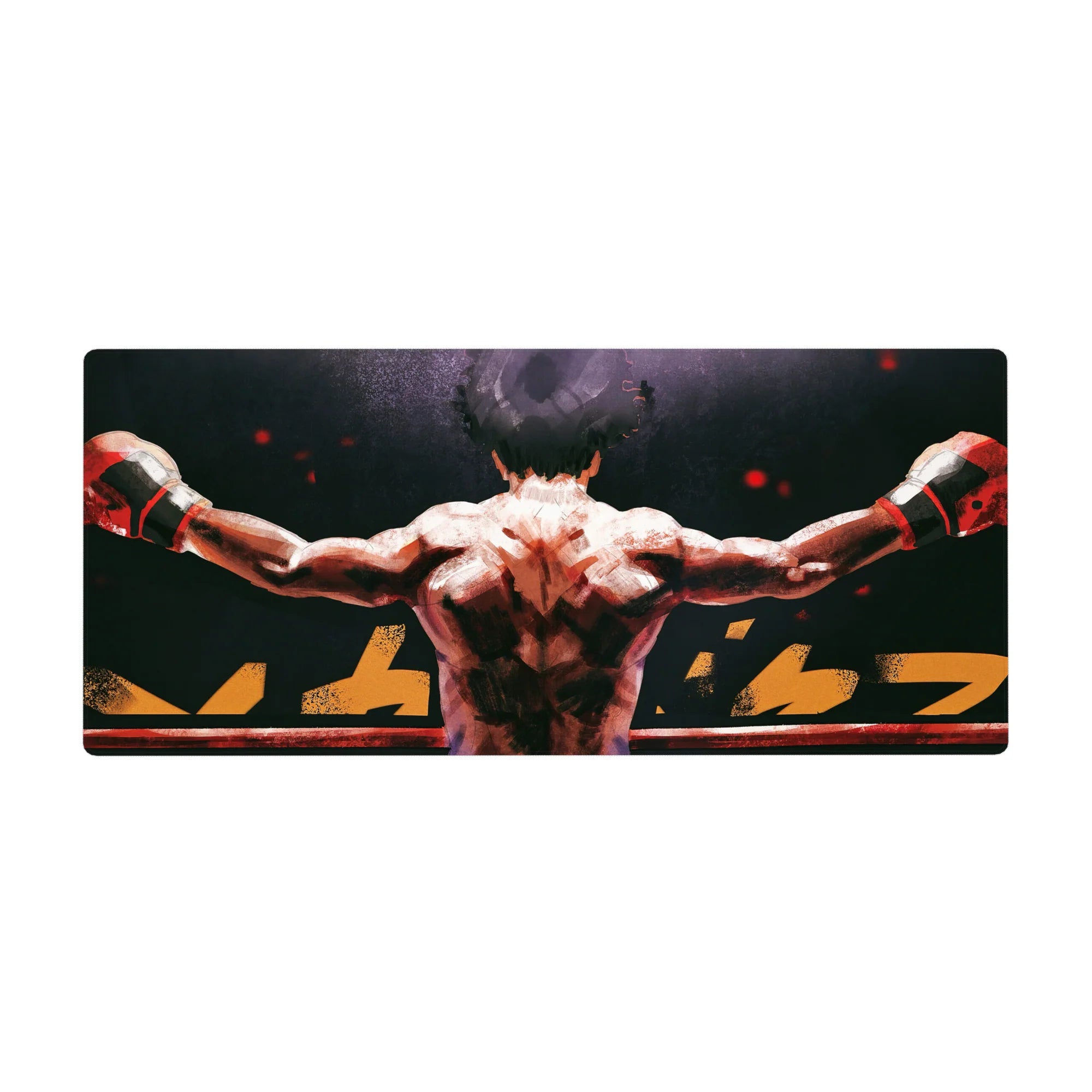 36x16 inches anime desk pad with lone fighter on ropes, bold brushstroke back and jagged gold lettering.