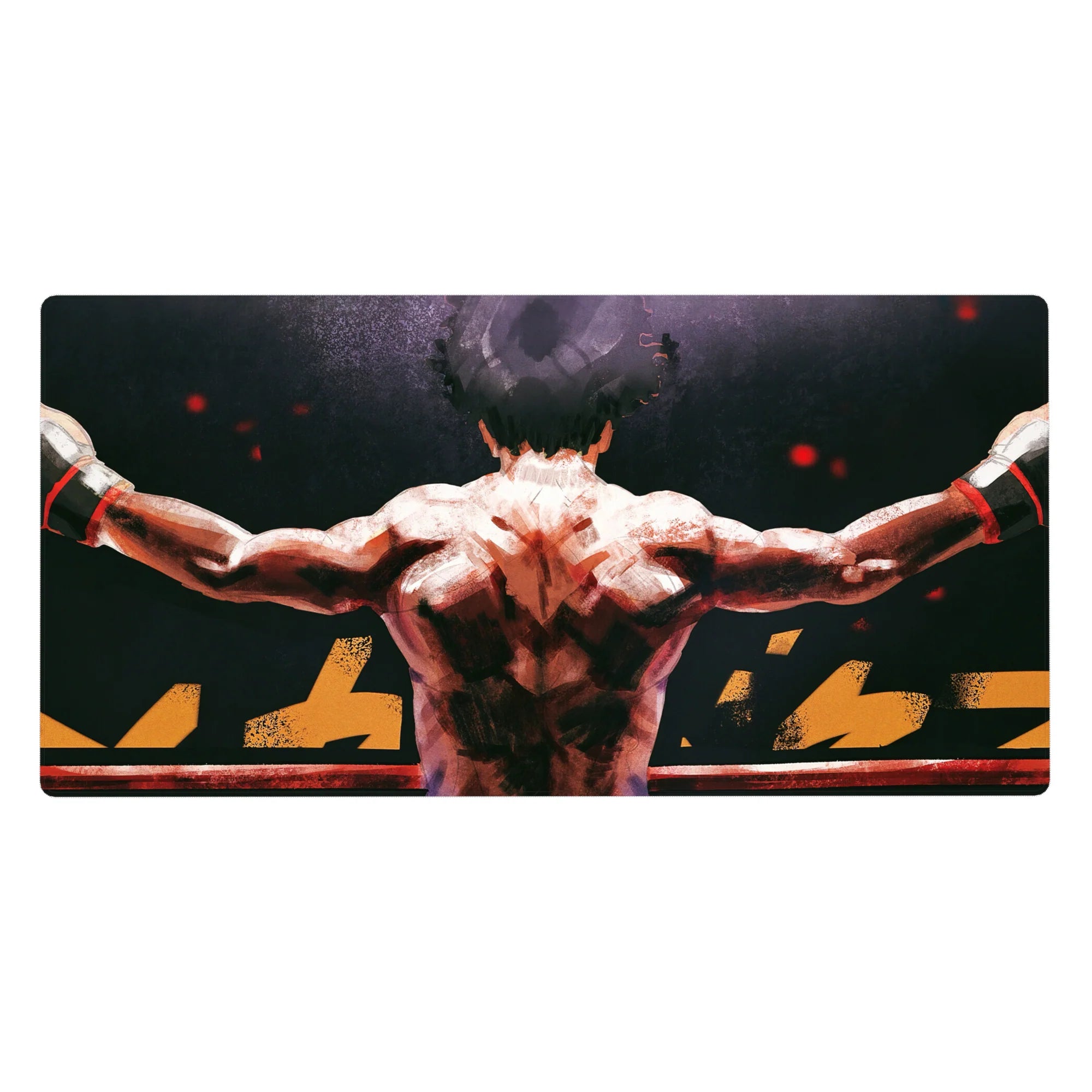 Anime boxing comeback desk pad 40x20 inches with fighter silhouette, gold jagged lettering, ring ropes.