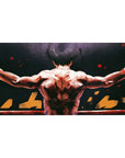 Anime boxing comeback desk pad 40x20 inches with fighter silhouette, gold jagged lettering, ring ropes.