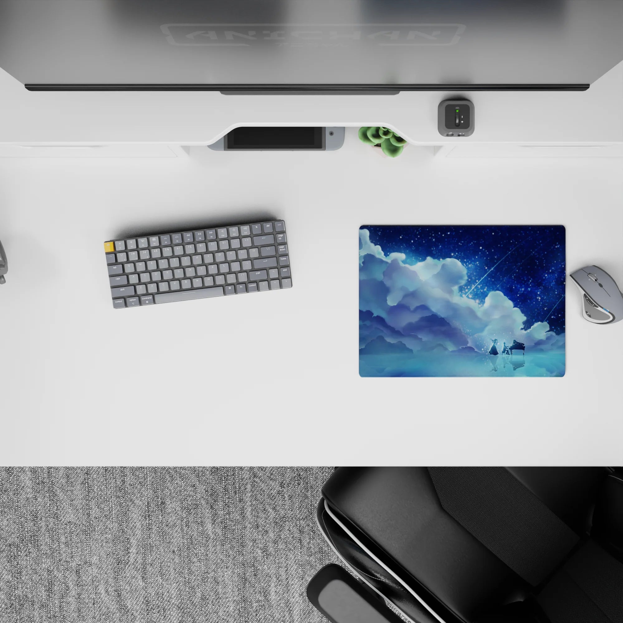 Dreamy navy and icy cyan anime mouse pad 14x10 inches, calm starlit sparkle scene over mirror water.