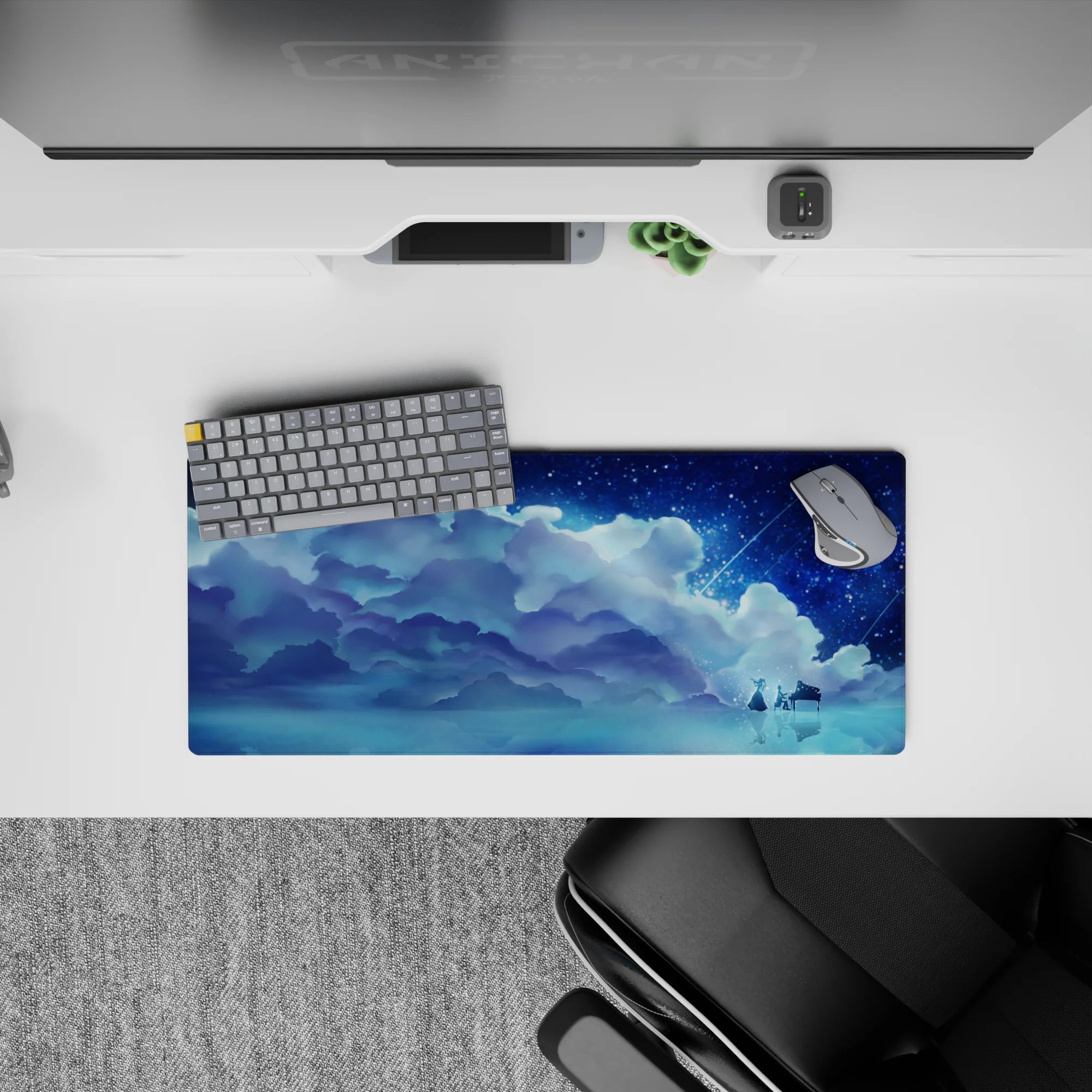 28x12 inches anime mouse pad in cool navy, icy cyan, and misty white; calm, magical nightscape.