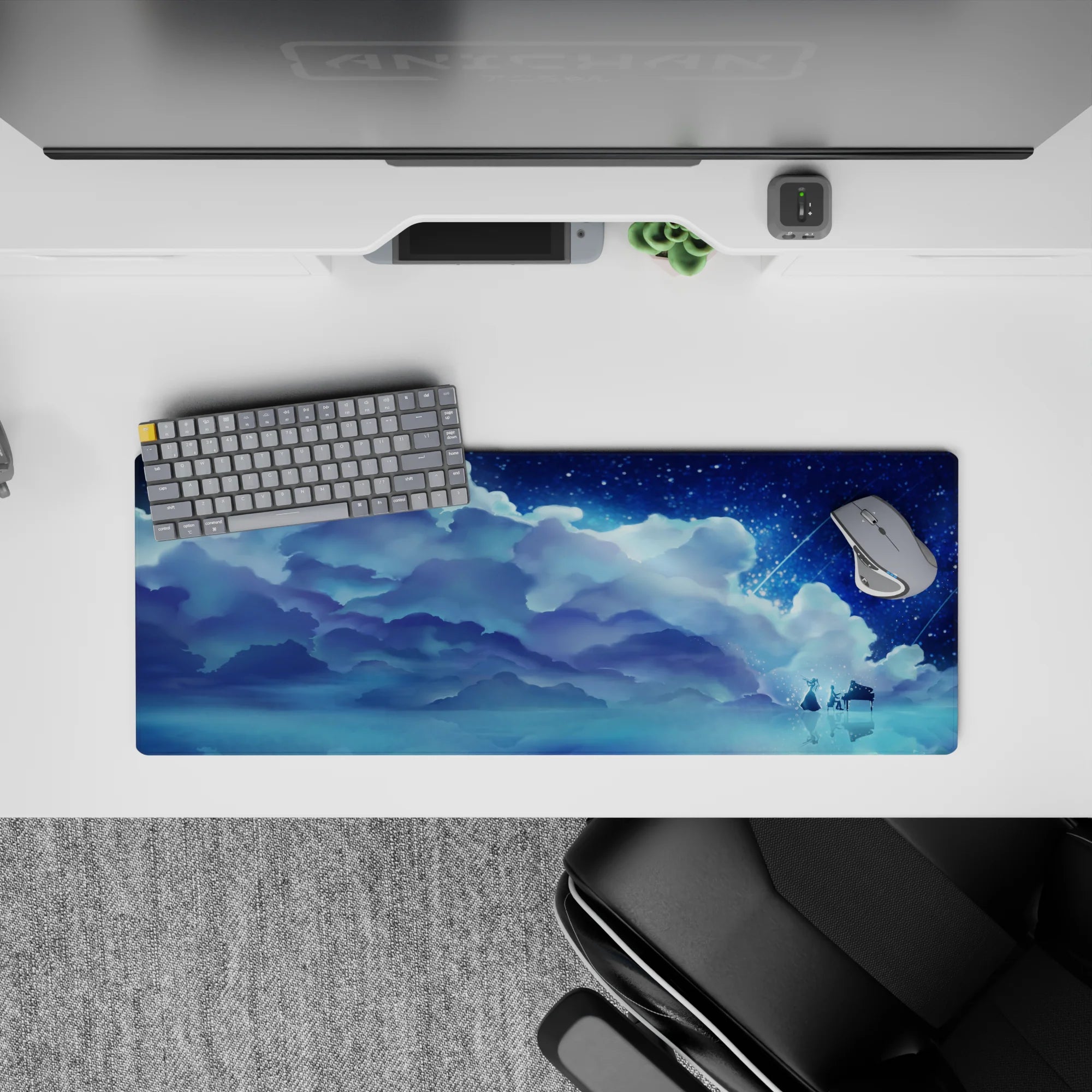 32x12 inches anime mouse pad in cool navy, icy cyan, and misty white for a calm, dreamy night mood.