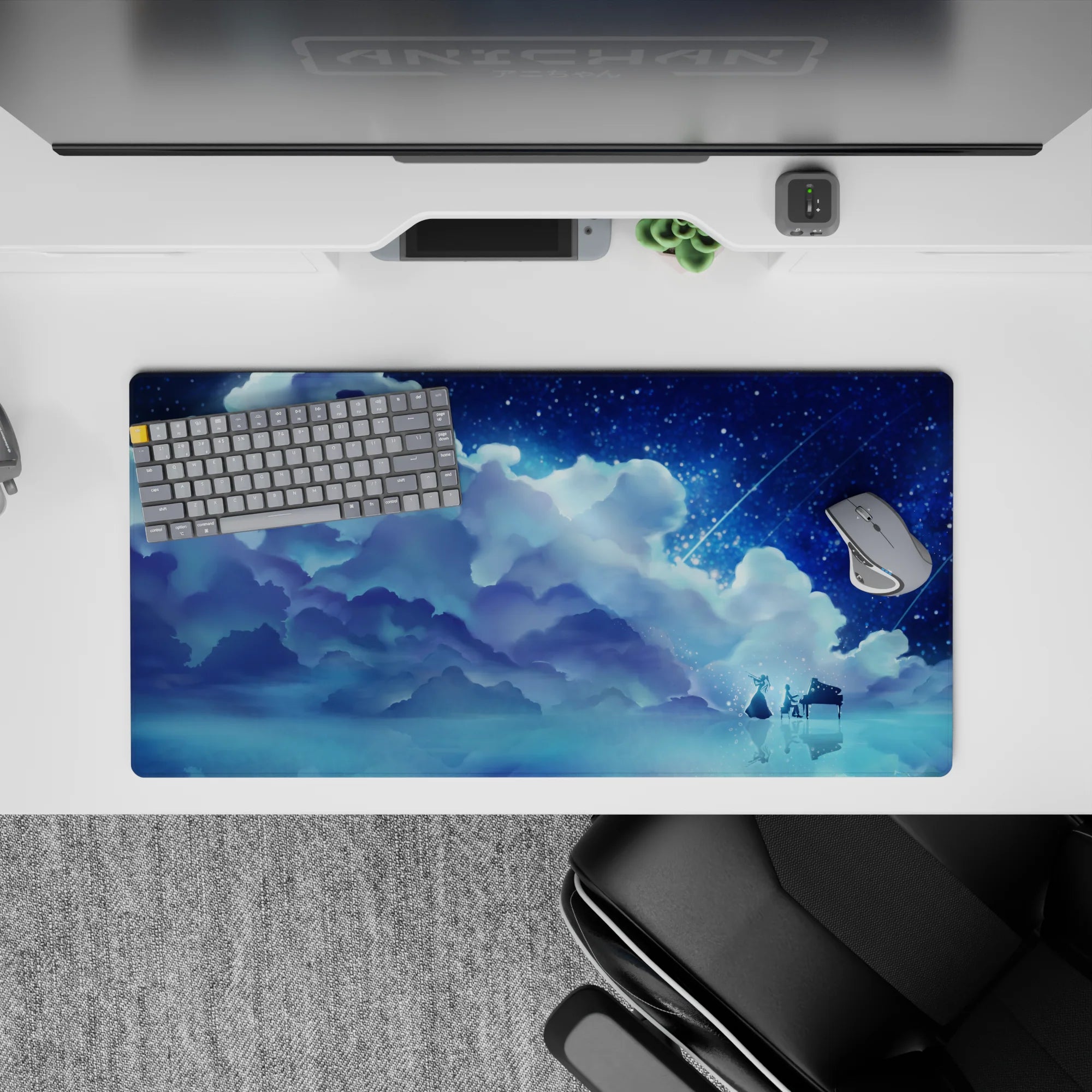 32x16 inches anime mouse pad in cool navy and icy cyan, calm magical starlight over mirror water.