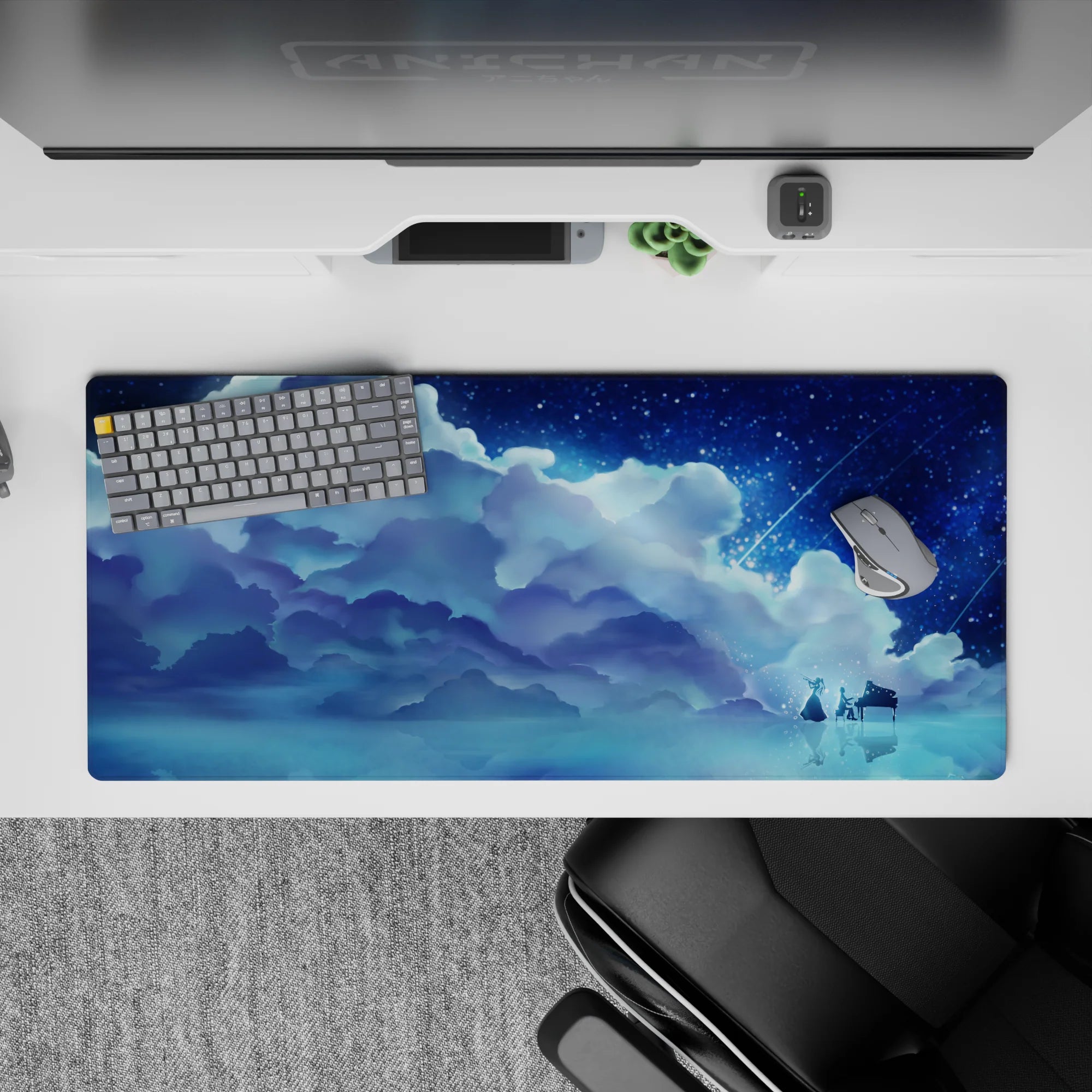 36x16 inches anime desk pad in cool navy and icy cyan, dreamy starlit calm with sparkling clouds.