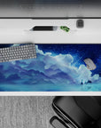 36x16 inches anime desk pad in cool navy and icy cyan, dreamy starlit calm with sparkling clouds.